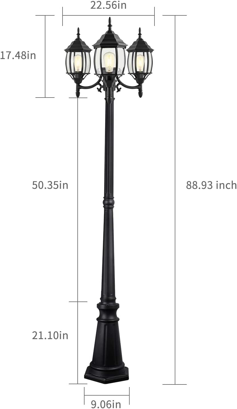 PARTPHONER 3-Head Classic Black Post Light with Clear Glass Panels