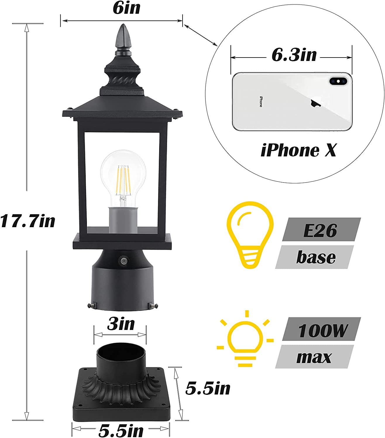 PARTPHONER Dusk to Dawn Post Lights with Pier Mount Base 2 Pack