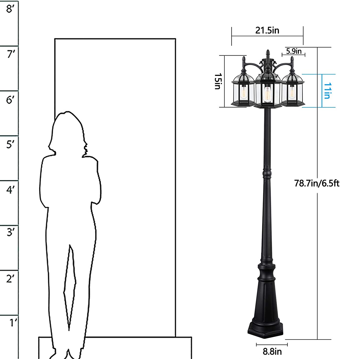 PARTPHONER 3-Head Outdoor Lamp Post Light Birdcage, Black
