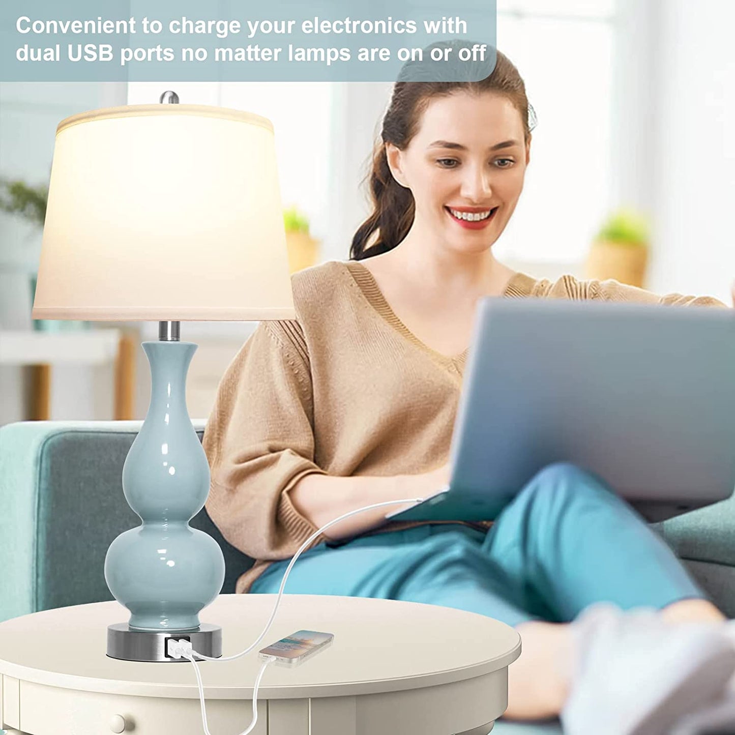 PARTPHONER Blue Green Ceramic Table Lamps Set of 2