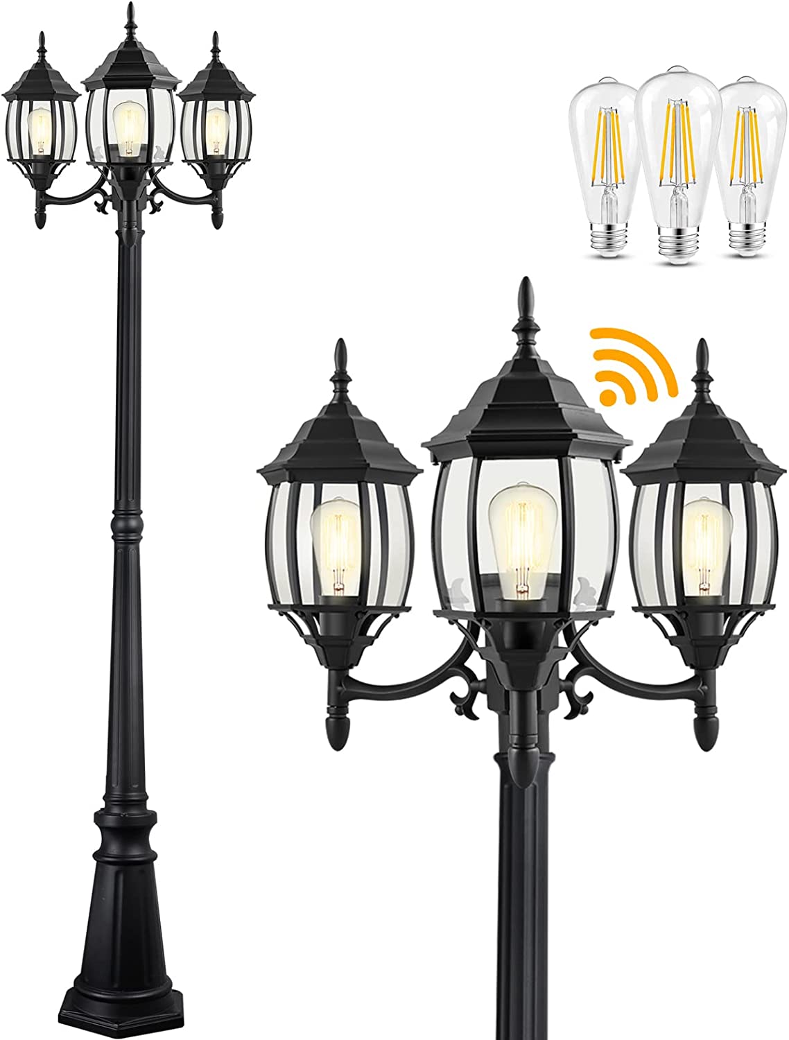 PARTPHONER 3-Head Classic Black Post Light with Clear Glass Panels