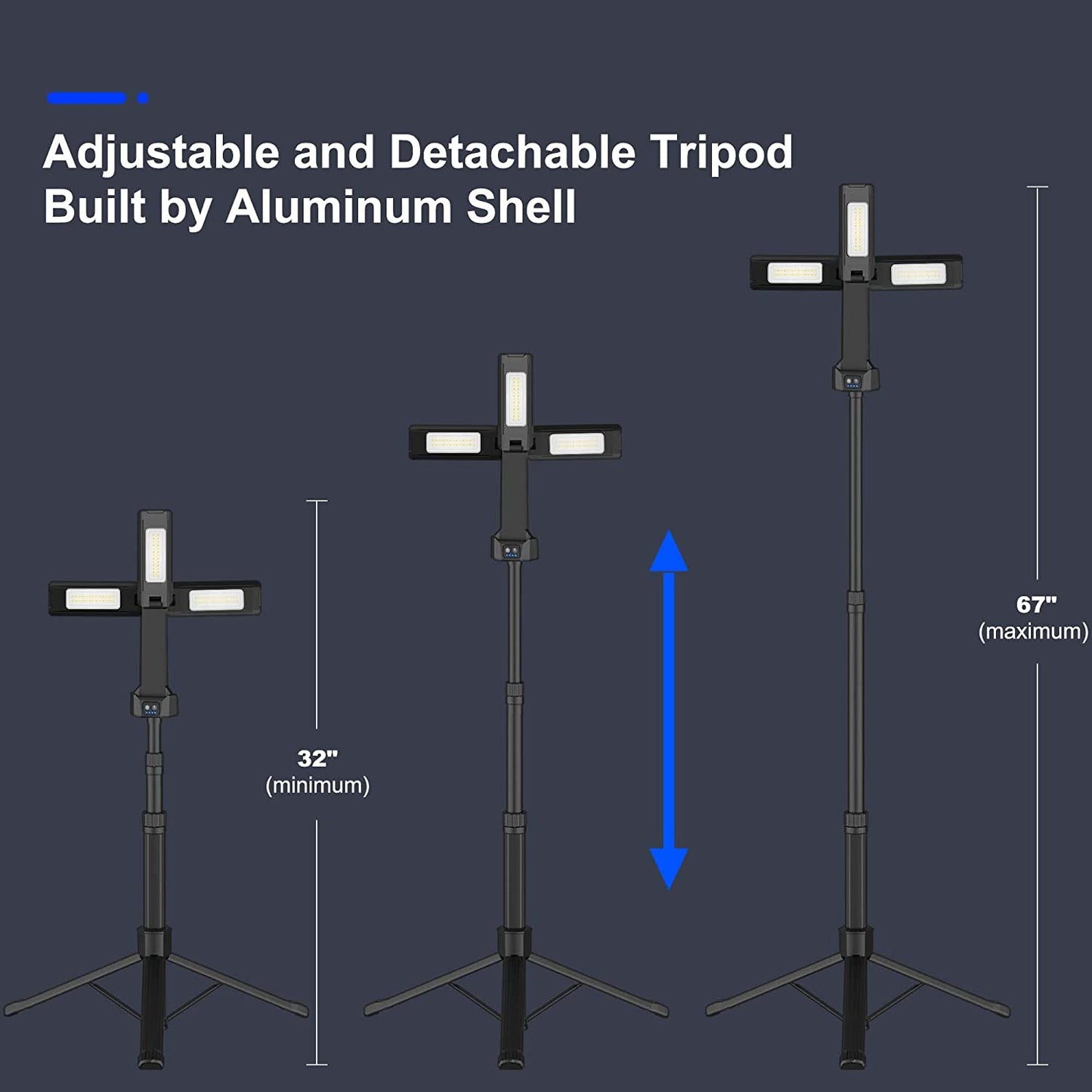 Rechargeable 67" Tall 3-Head Portable Cordless Work Light with Stand
