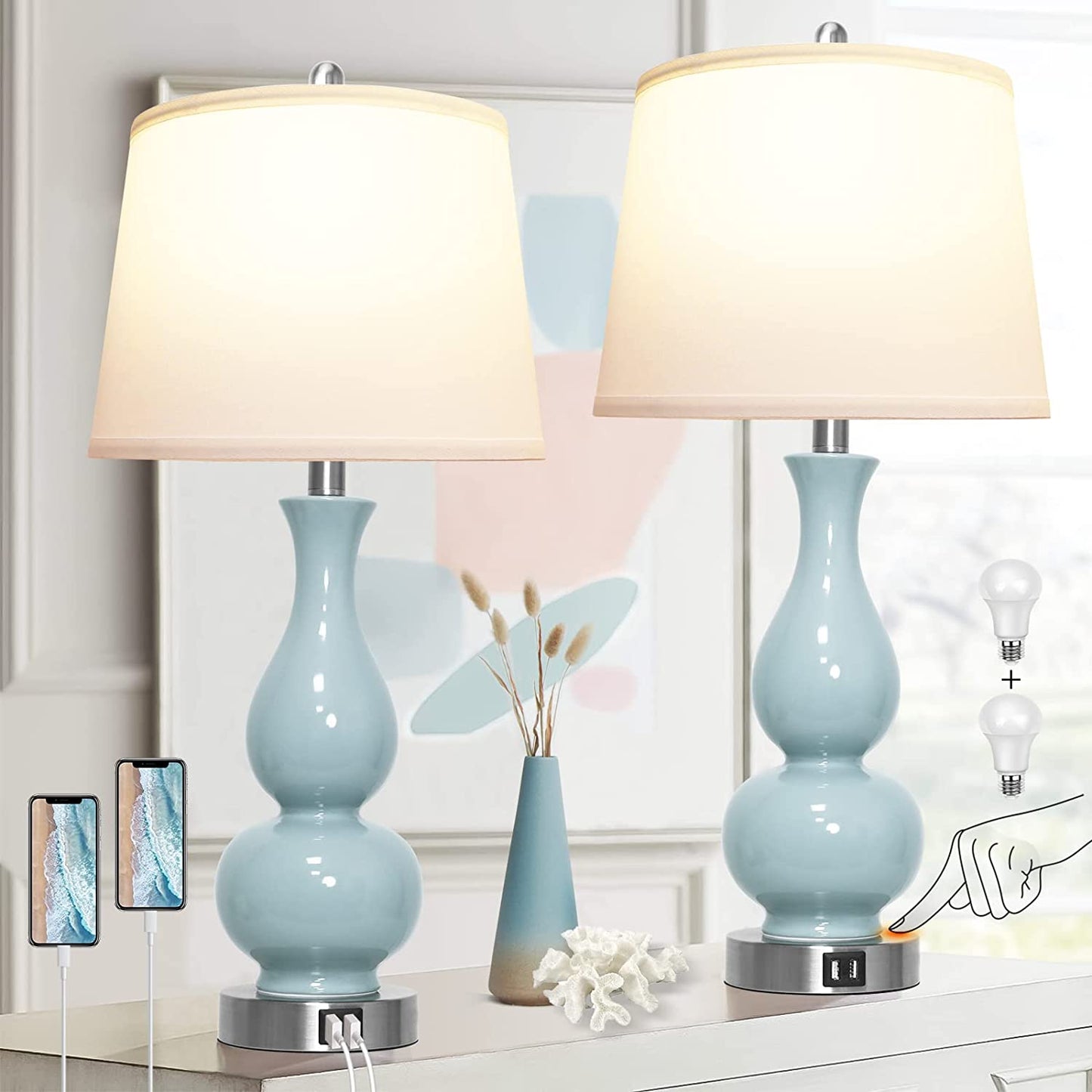 PARTPHONER Blue Green Ceramic Table Lamps Set of 2
