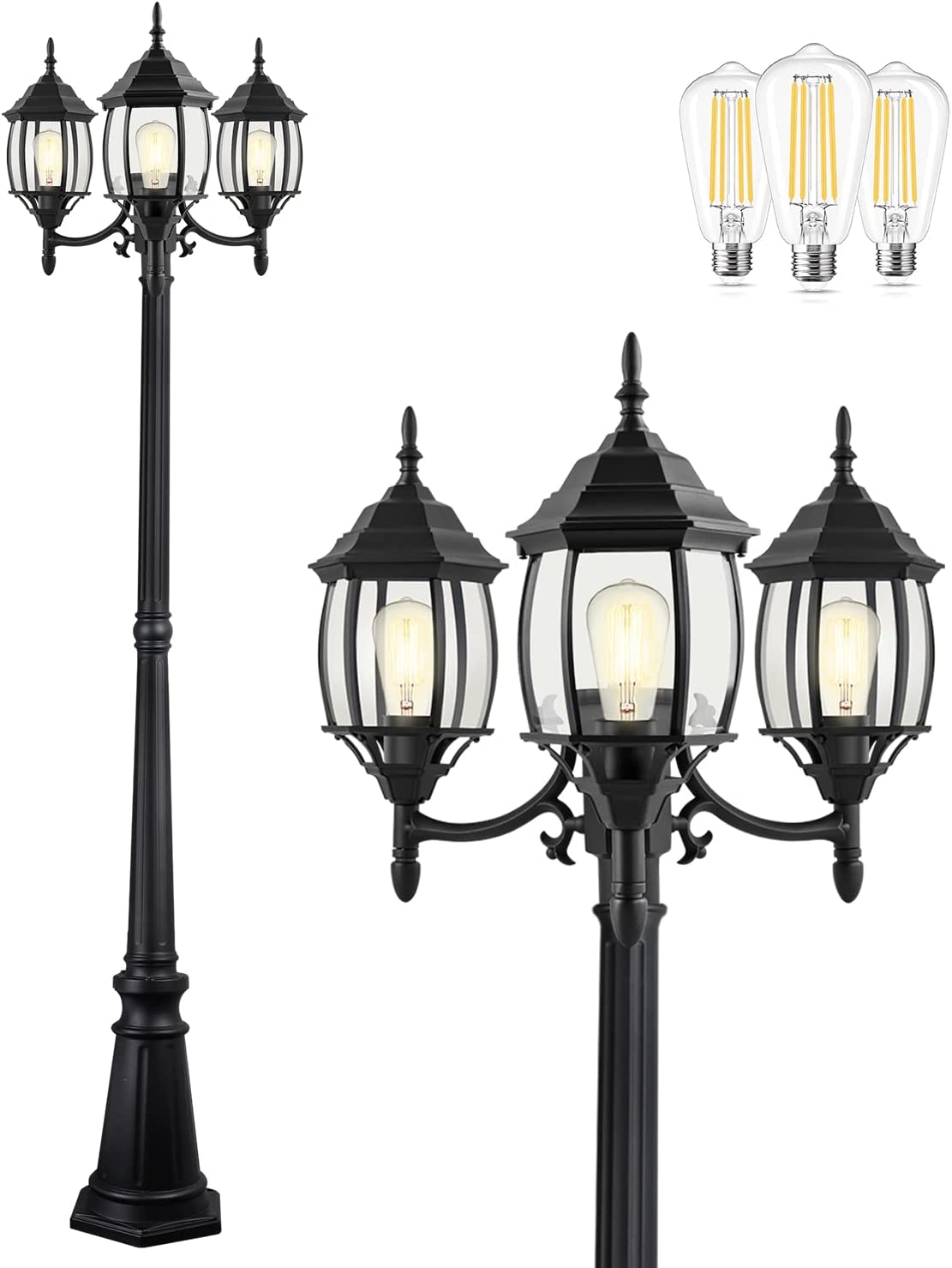 PARTPHONER 3-Head Classic Black Post Light with Clear Glass Panels