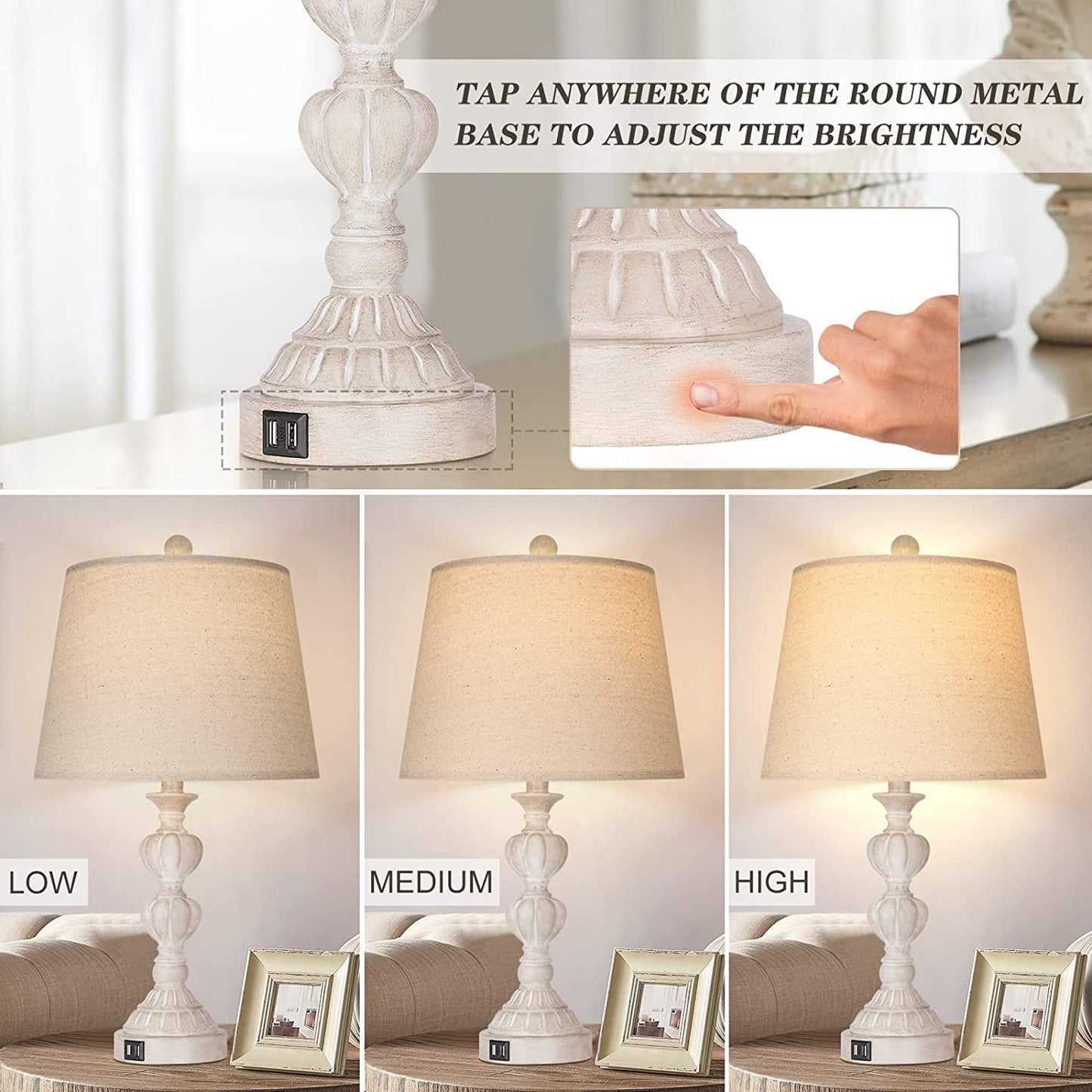 PARTPHONER Washed White Coastal Farmhouse Table Lamps Set of 2