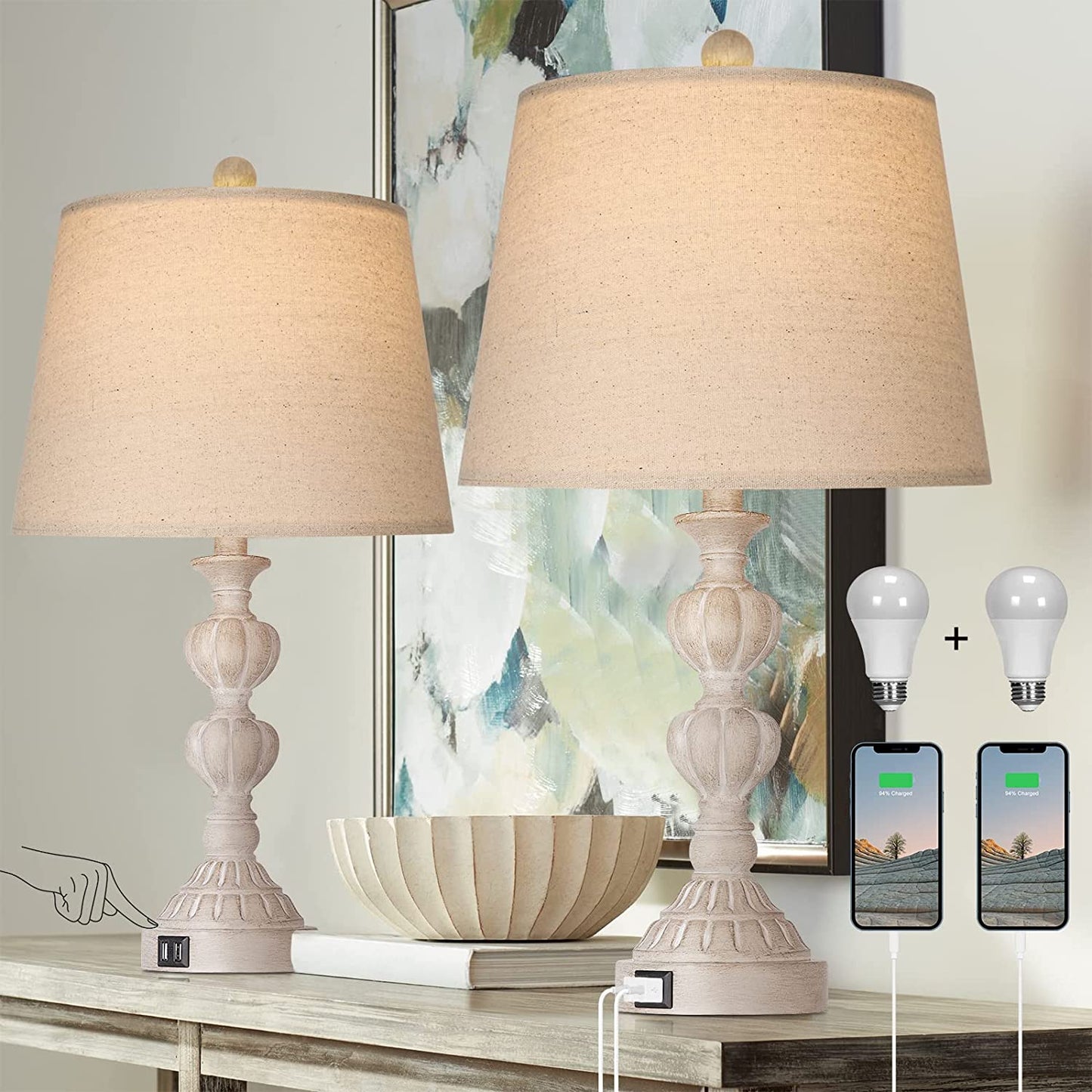 PARTPHONER Washed White Coastal Farmhouse Table Lamps Set of 2