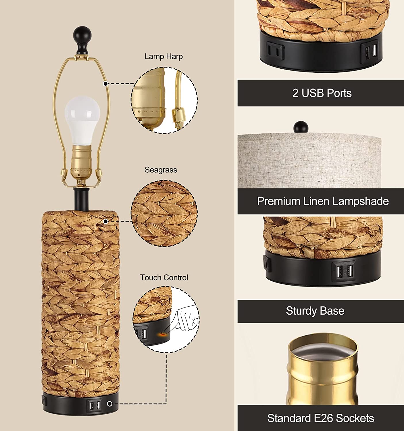 Hamucd Coastal Sea Grass Table Lamps Set of 2