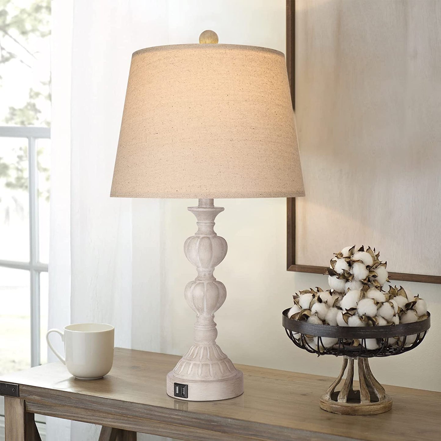 PARTPHONER Washed White Coastal Farmhouse Table Lamps Set of 2