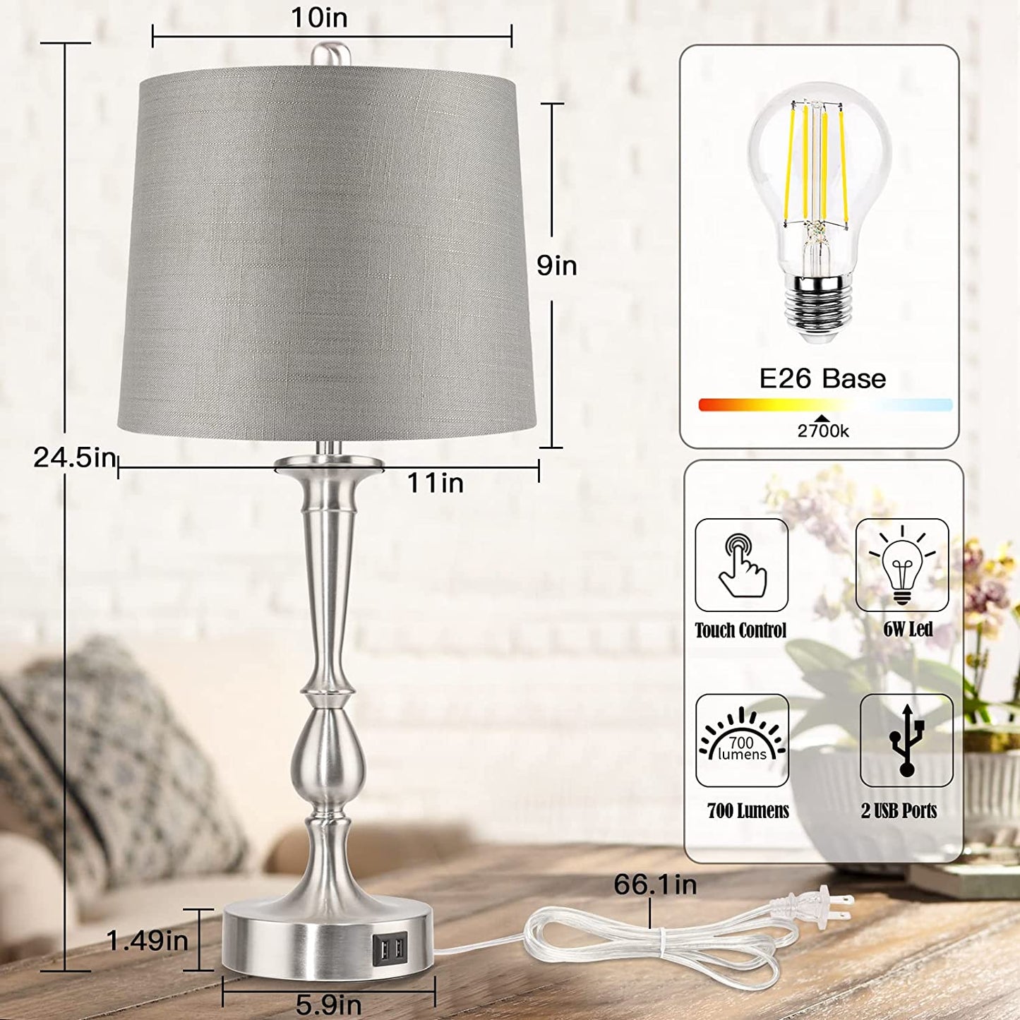 PARTPHONER Modern Nickel Finish Table Lamps Set of 2