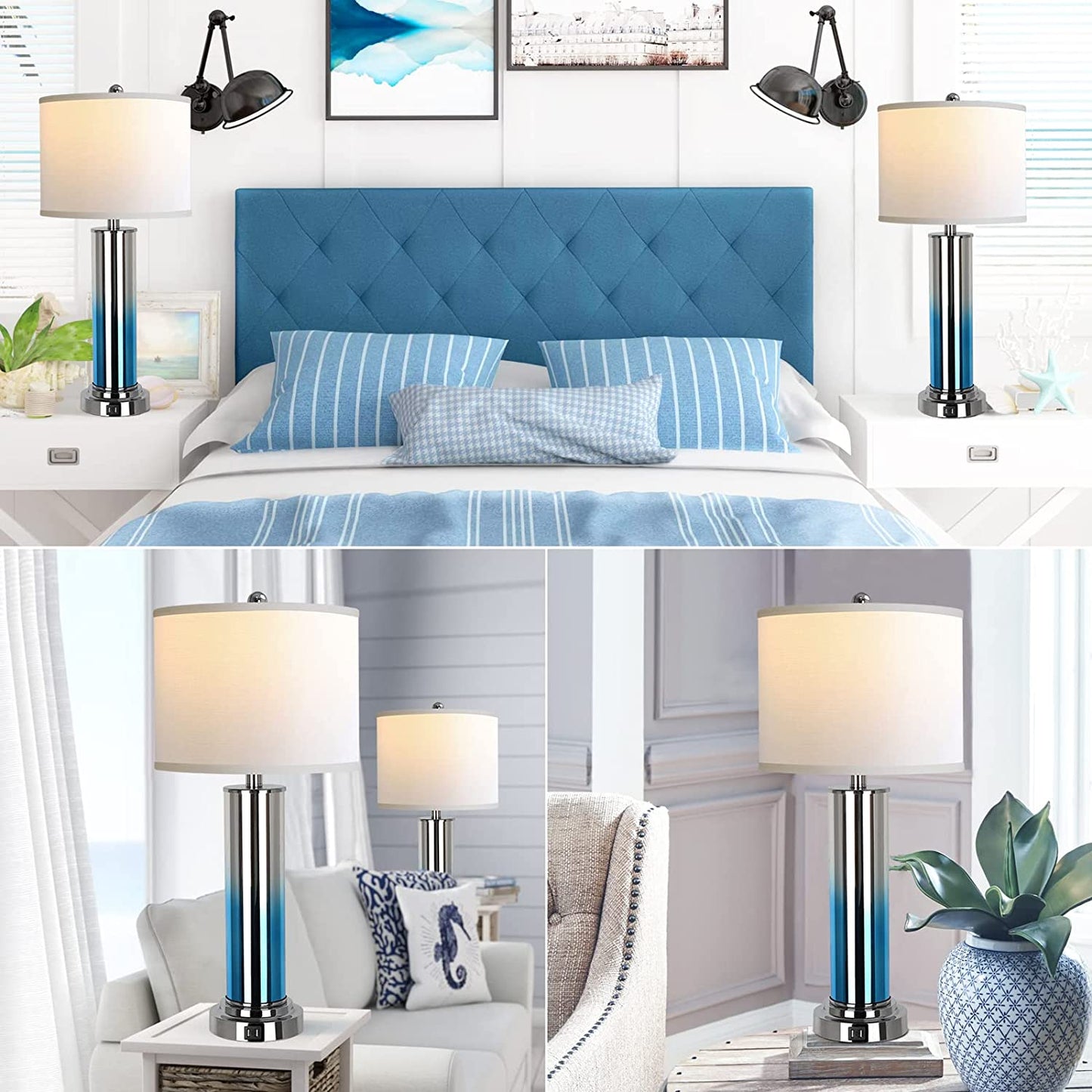 PARTPHONER 27''Tall Ombre Indigo Glass Table Lamps Set of 2