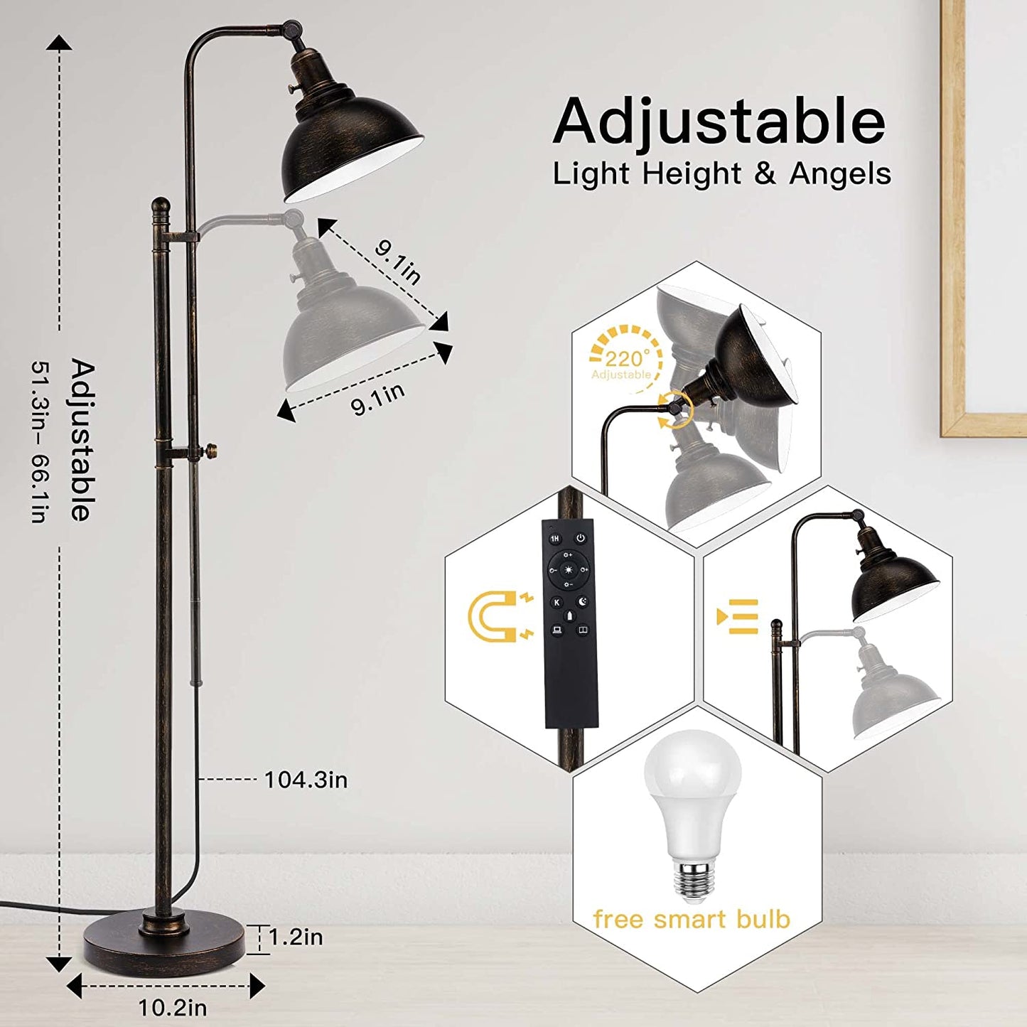 PARTPHONER Adjustable Industrial Floor Lamp in Aged Black Finish