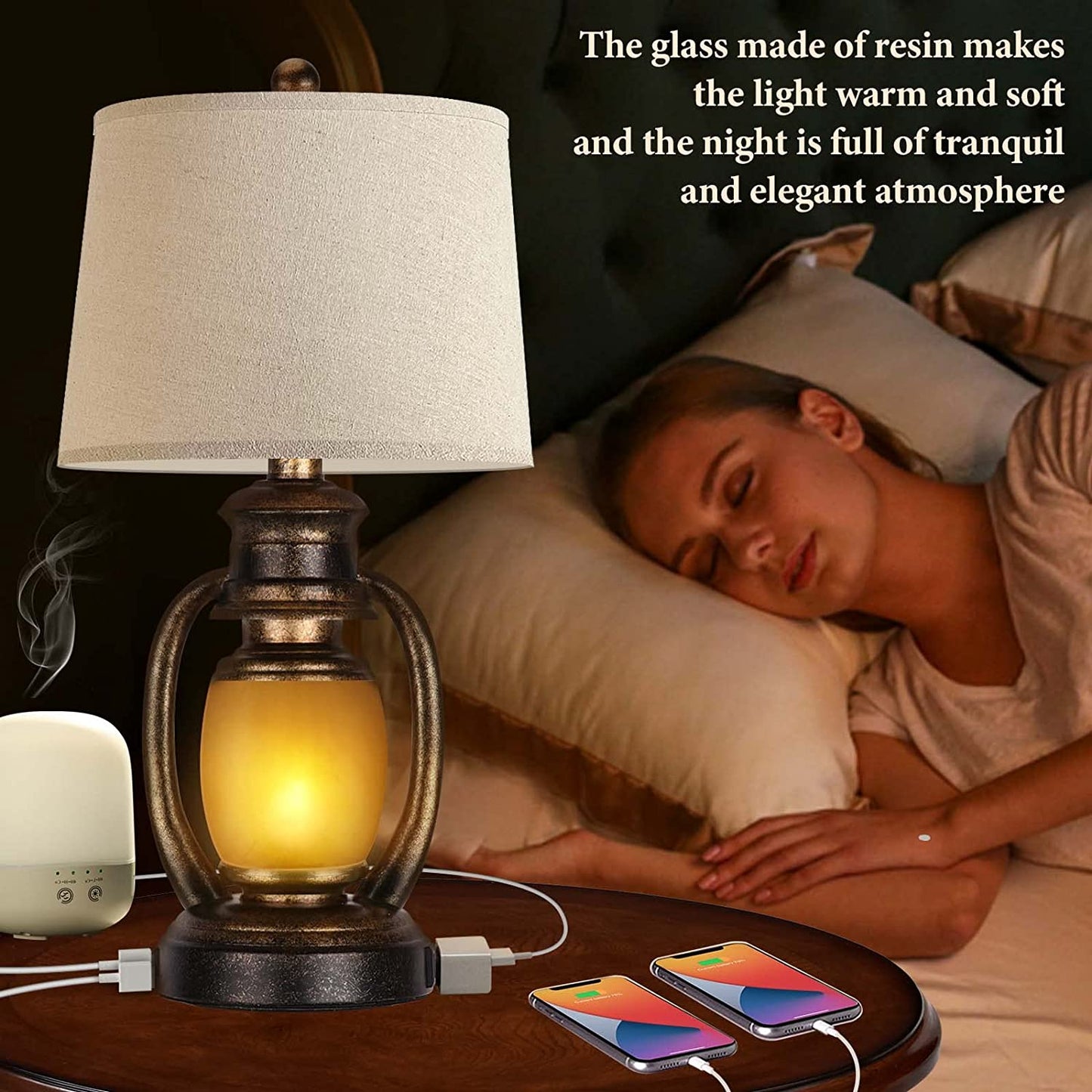 Hamucd Oatmeal Rustic Farmhouse Table Lamps Set of 2