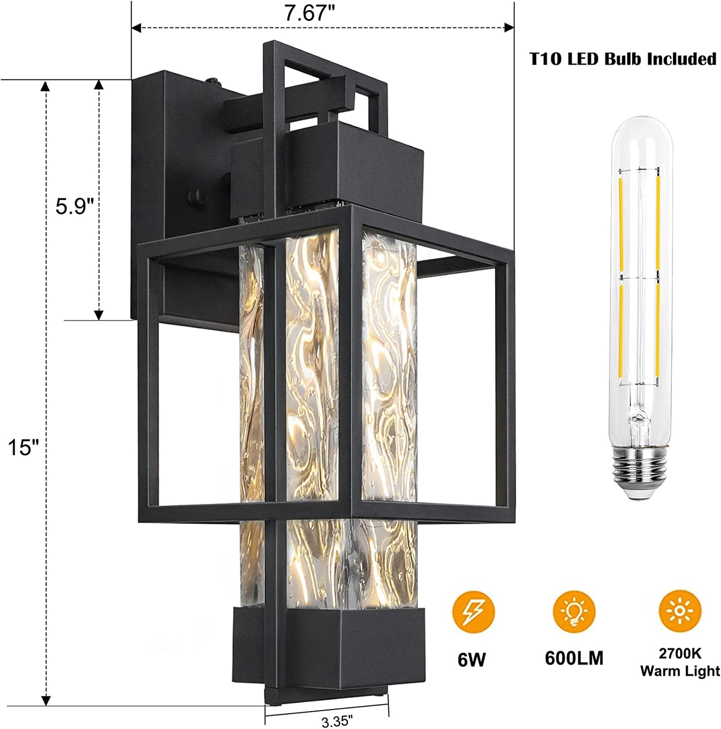 PARTPHONER Modern 15" H Water Glass Outdoor Wall Sconce, Dusk to Dawn