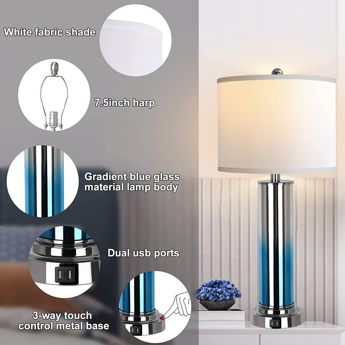 PARTPHONER 27''Tall Ombre Indigo Glass Table Lamps Set of 2