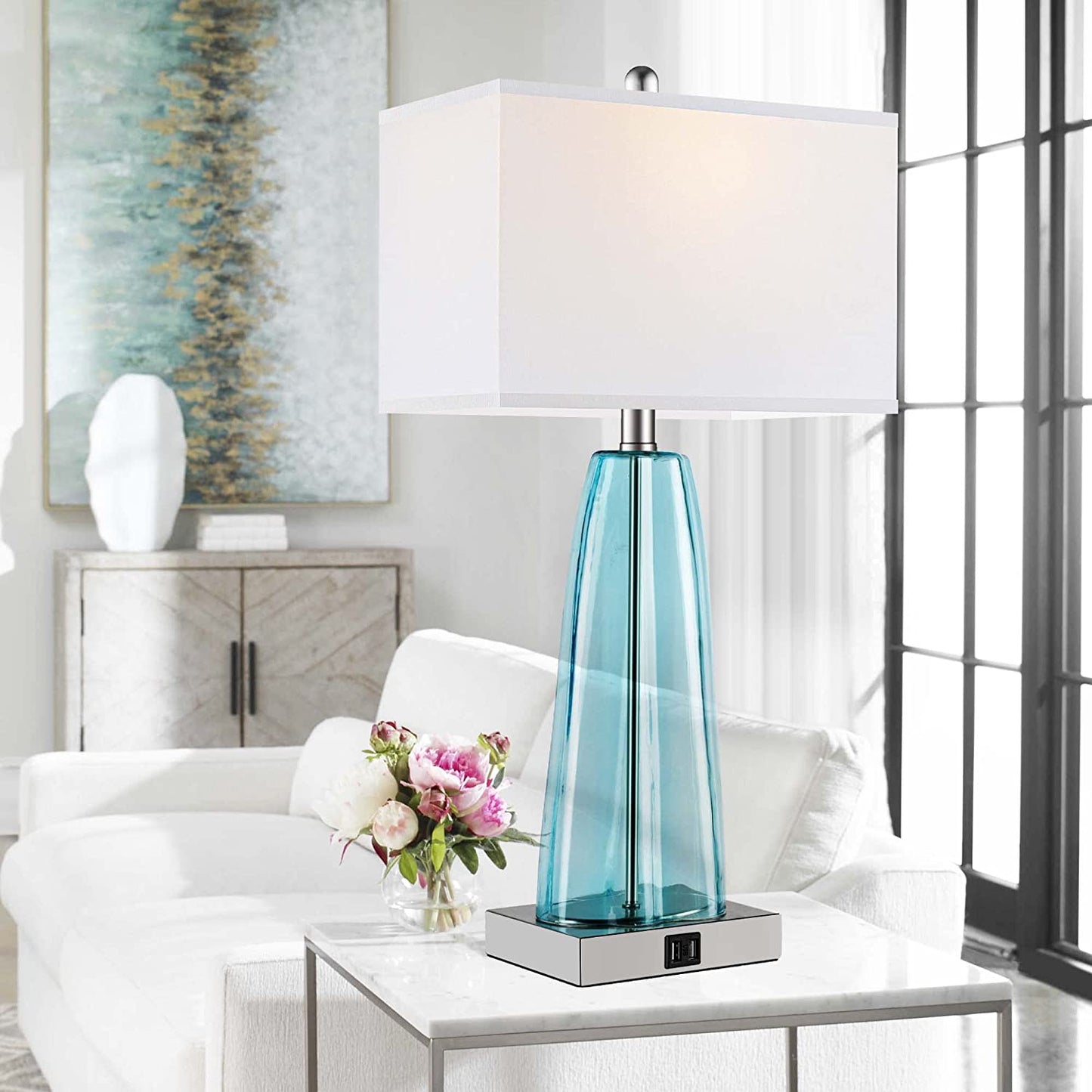 PARTPHONER Contemporary Blue Green Glass Table Lamps Set of 2