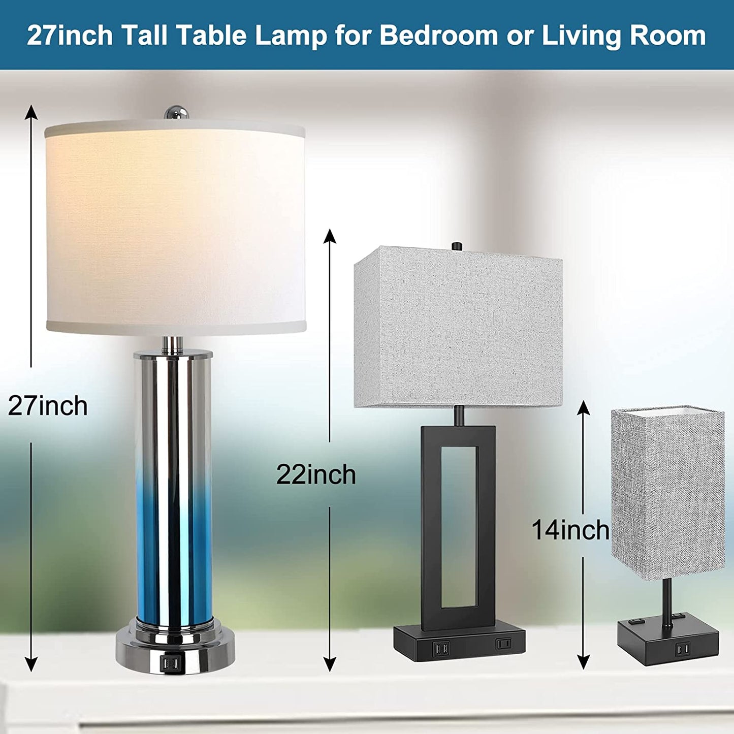 PARTPHONER 27''Tall Ombre Indigo Glass Table Lamps Set of 2