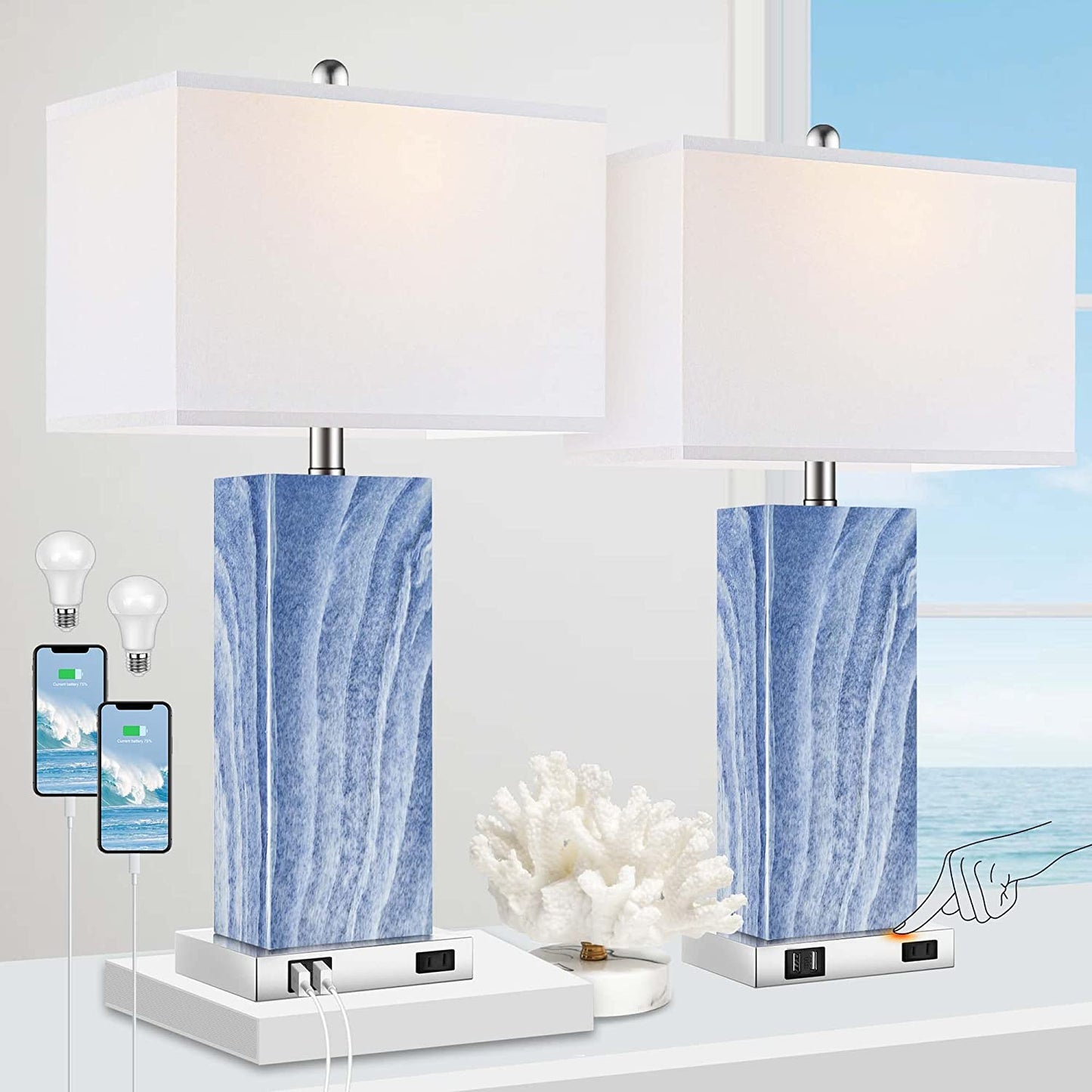 PARTPHONER Blue Modern Ceramic Table Lamps Set of 2
