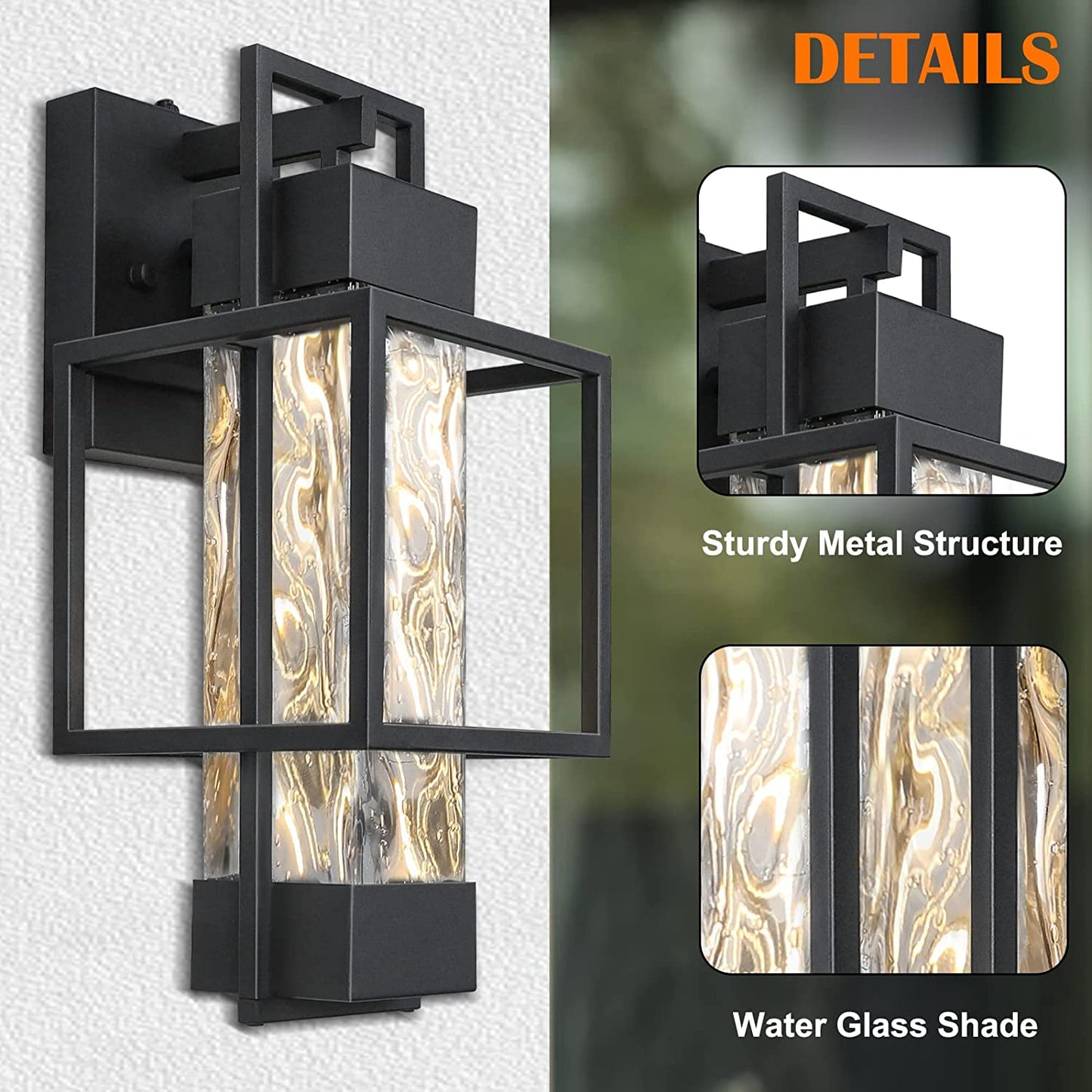 PARTPHONER Modern 15" H Water Glass Outdoor Wall Sconce, Dusk to Dawn
