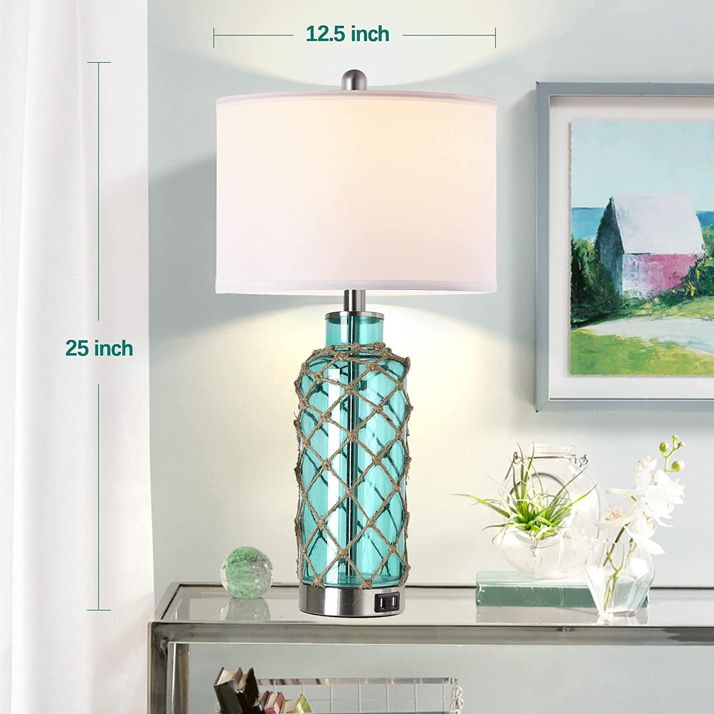 PARTPHONER Coastal Blue-Green Glass Rope Net Bedside Lamps