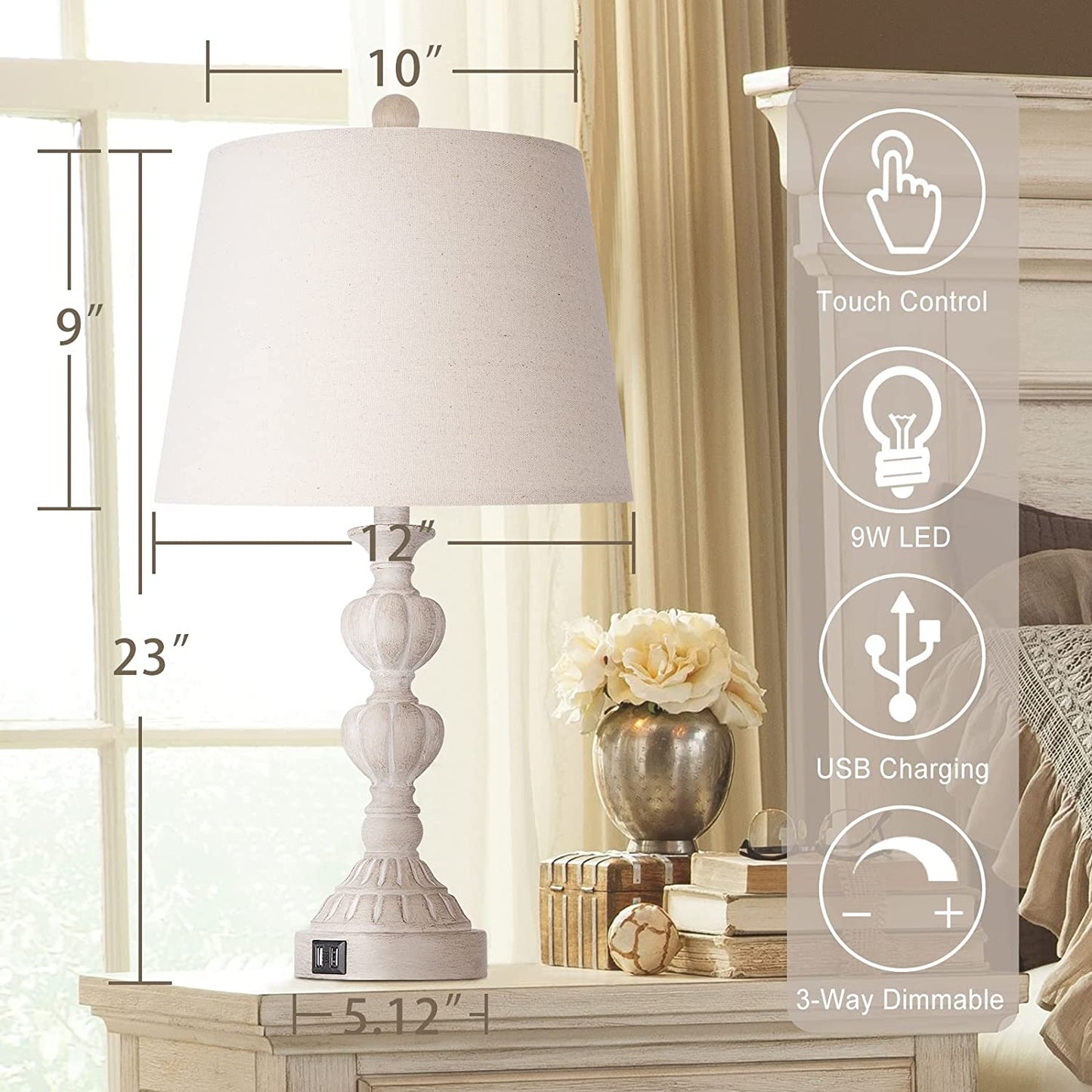 PARTPHONER Washed White Coastal Farmhouse Table Lamps Set of 2