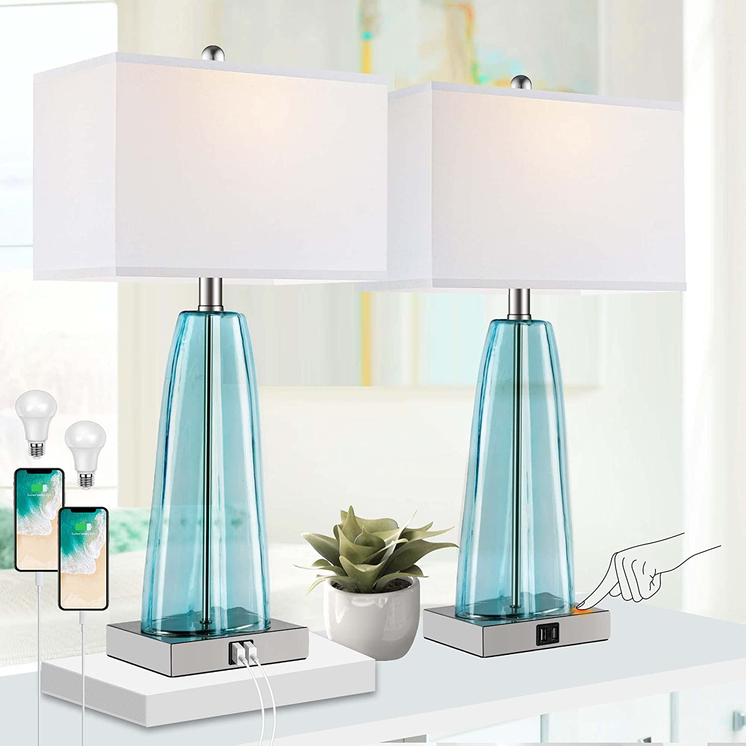 PARTPHONER Contemporary Blue Green Glass Table Lamps Set of