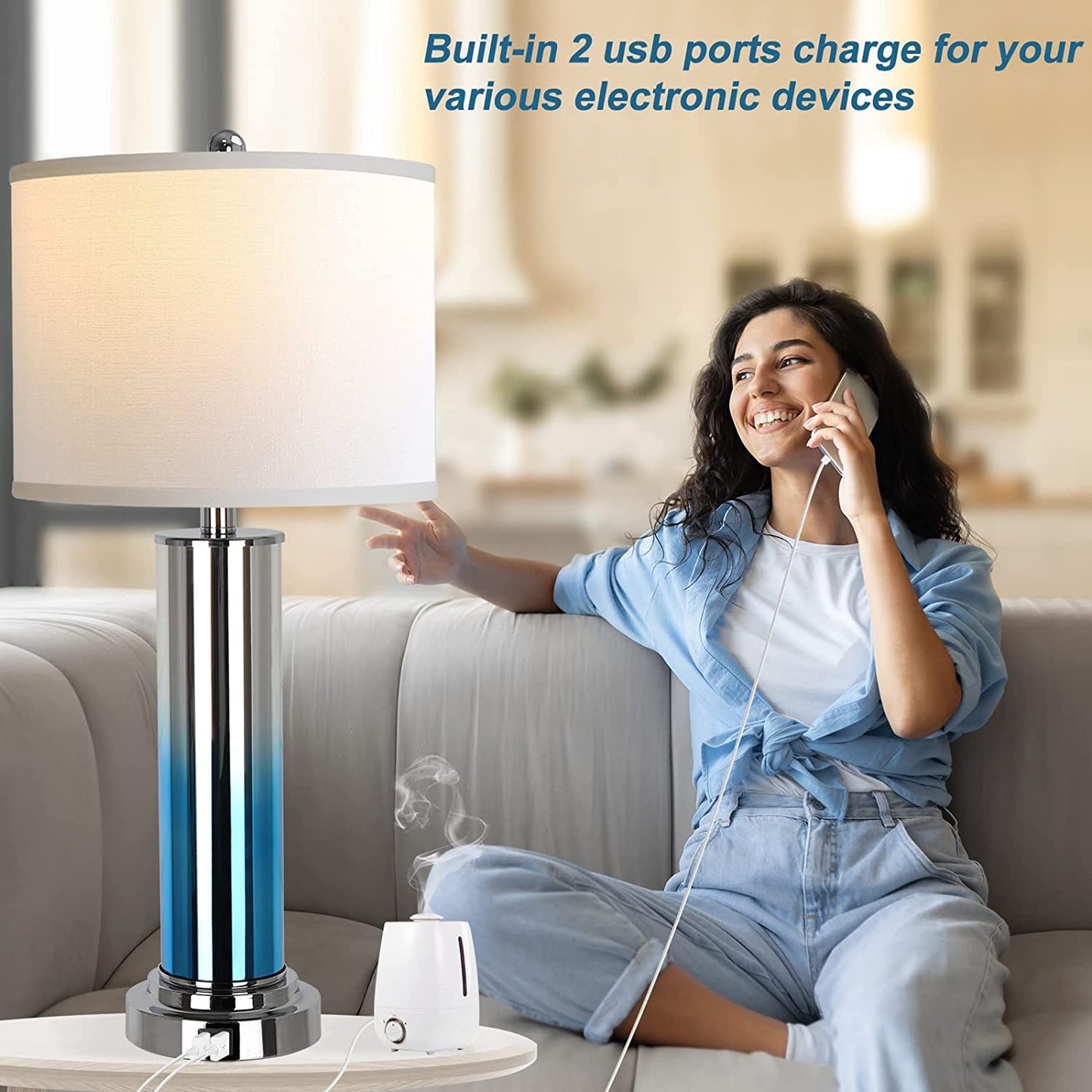 PARTPHONER 27''Tall Ombre Indigo Glass Table Lamps Set of 2