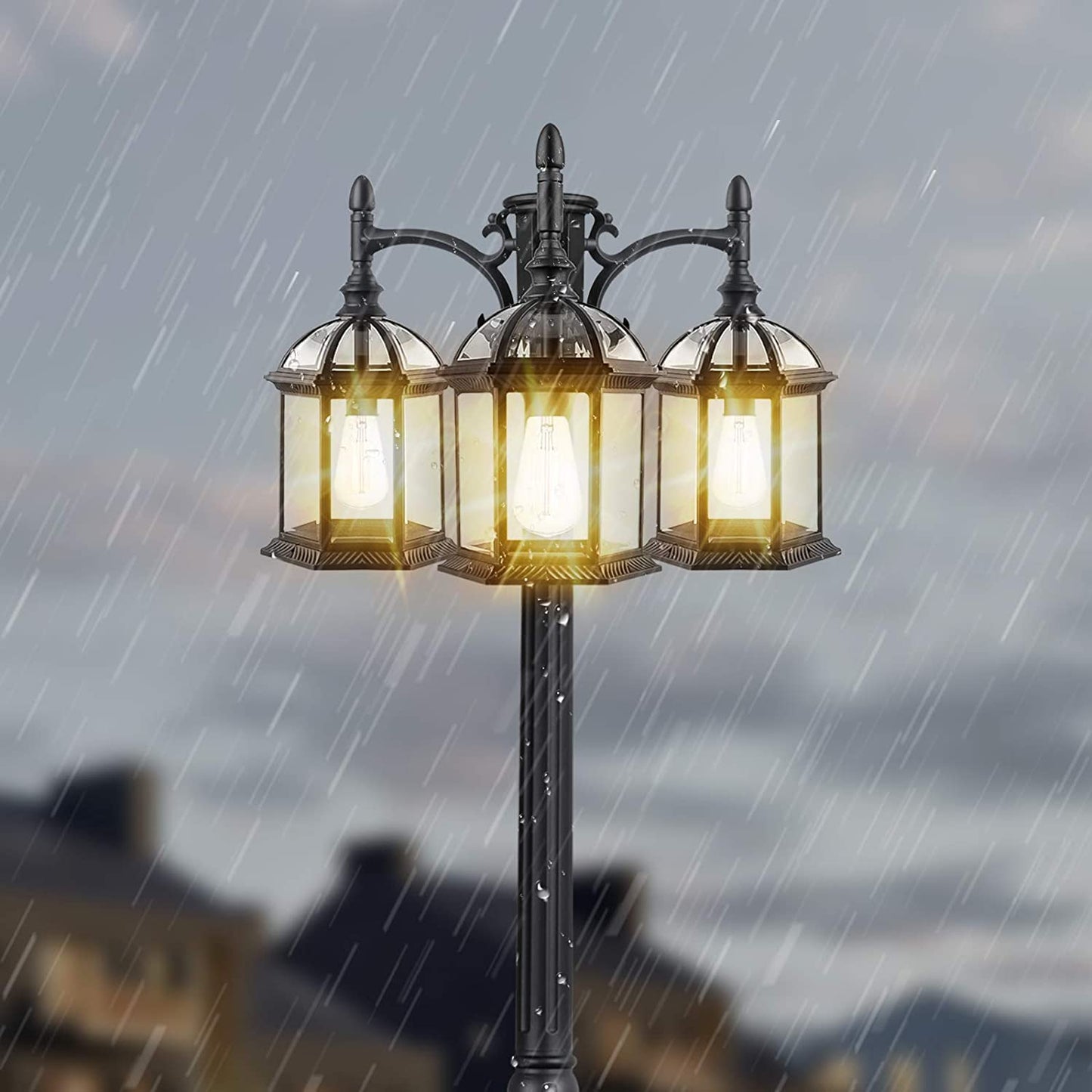 PARTPHONER 3-Head Outdoor Lamp Post Light Birdcage, Black