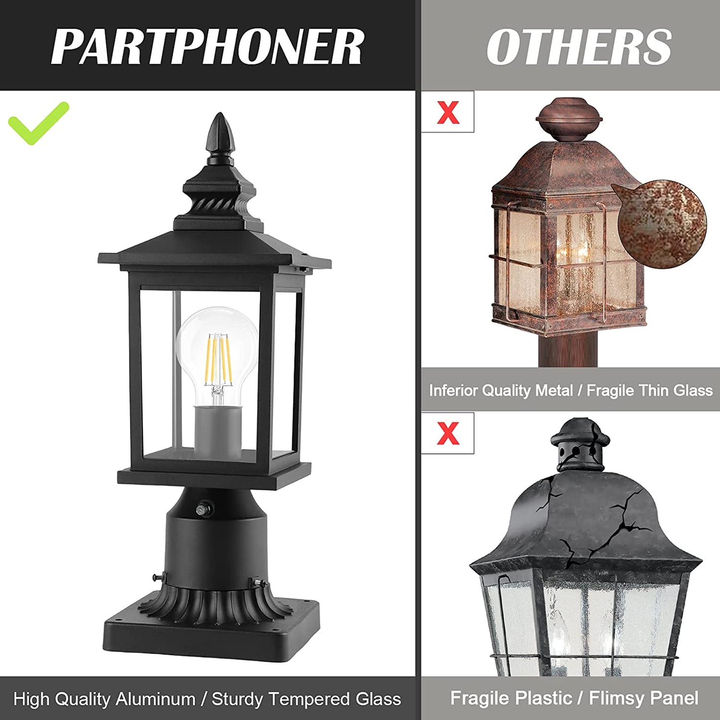 PARTPHONER Dusk to Dawn Post Lights with Pier Mount Base 2 Pack