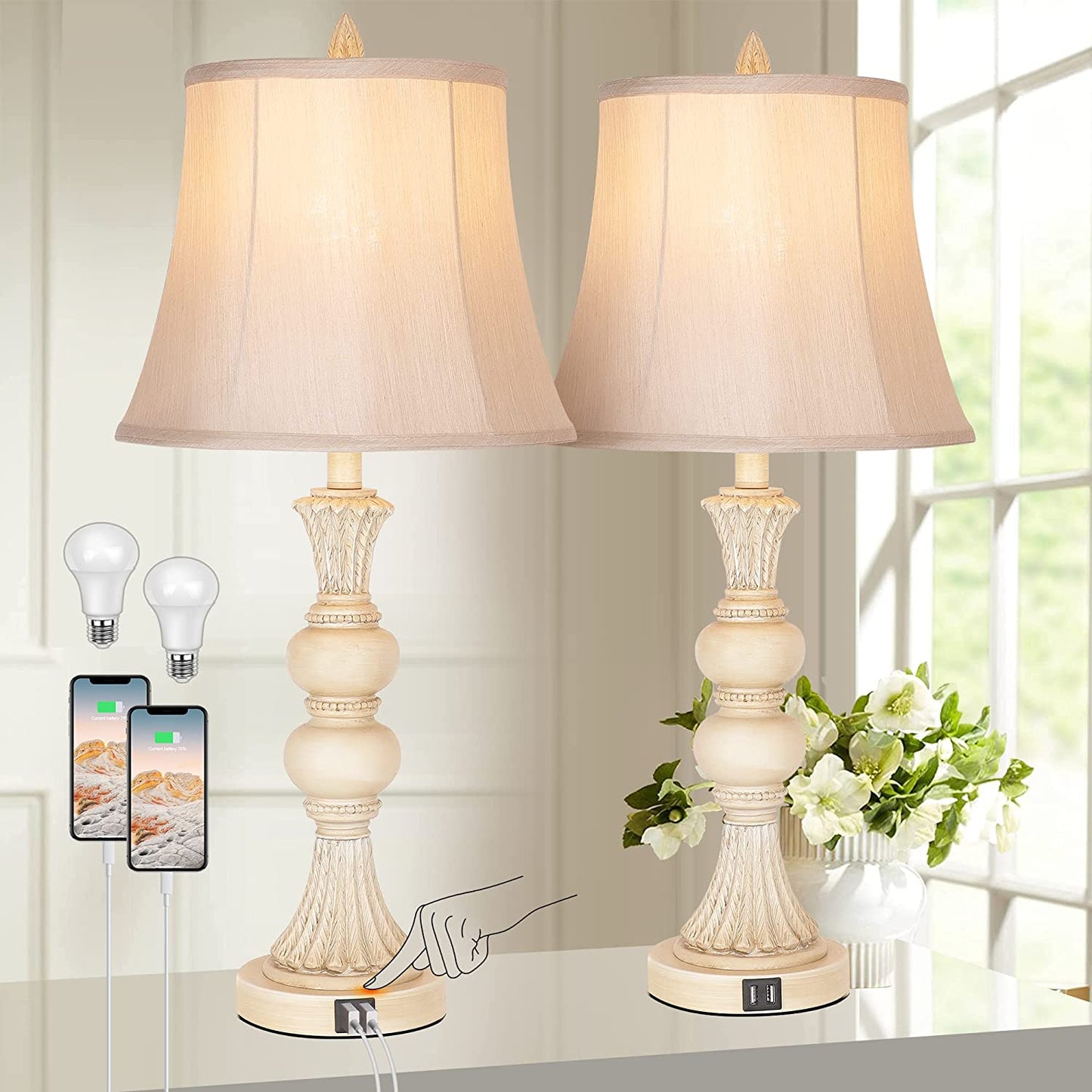 PARTPHONER Antique White French Country Style Resin Table Lamp Set of 2