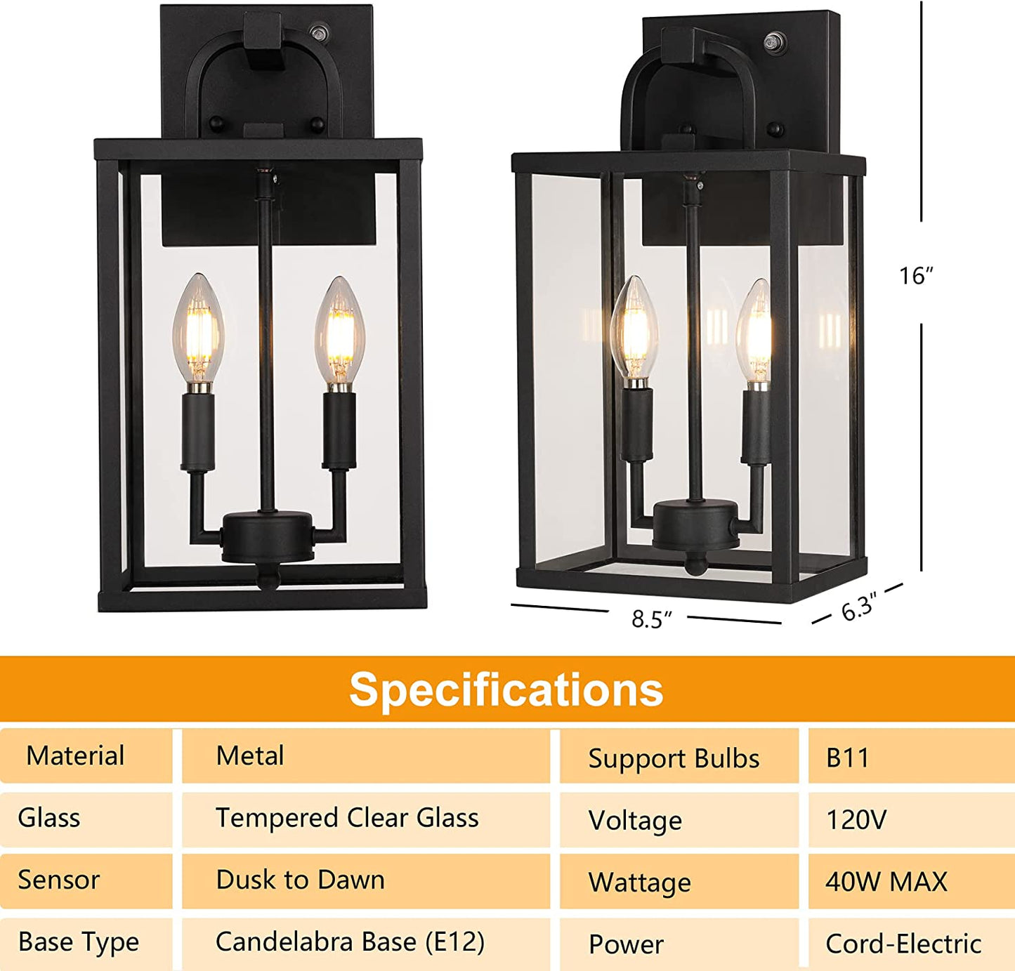 PARTPHONER Large Clear Glass Outdoor Light Fixutre 2-Light, Dusk to Dawn