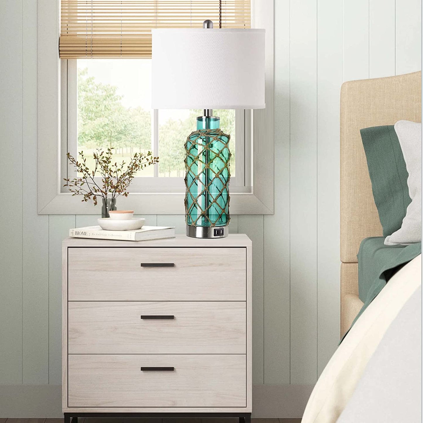 PARTPHONER Coastal Blue-Green Glass Rope Net Bedside Lamps