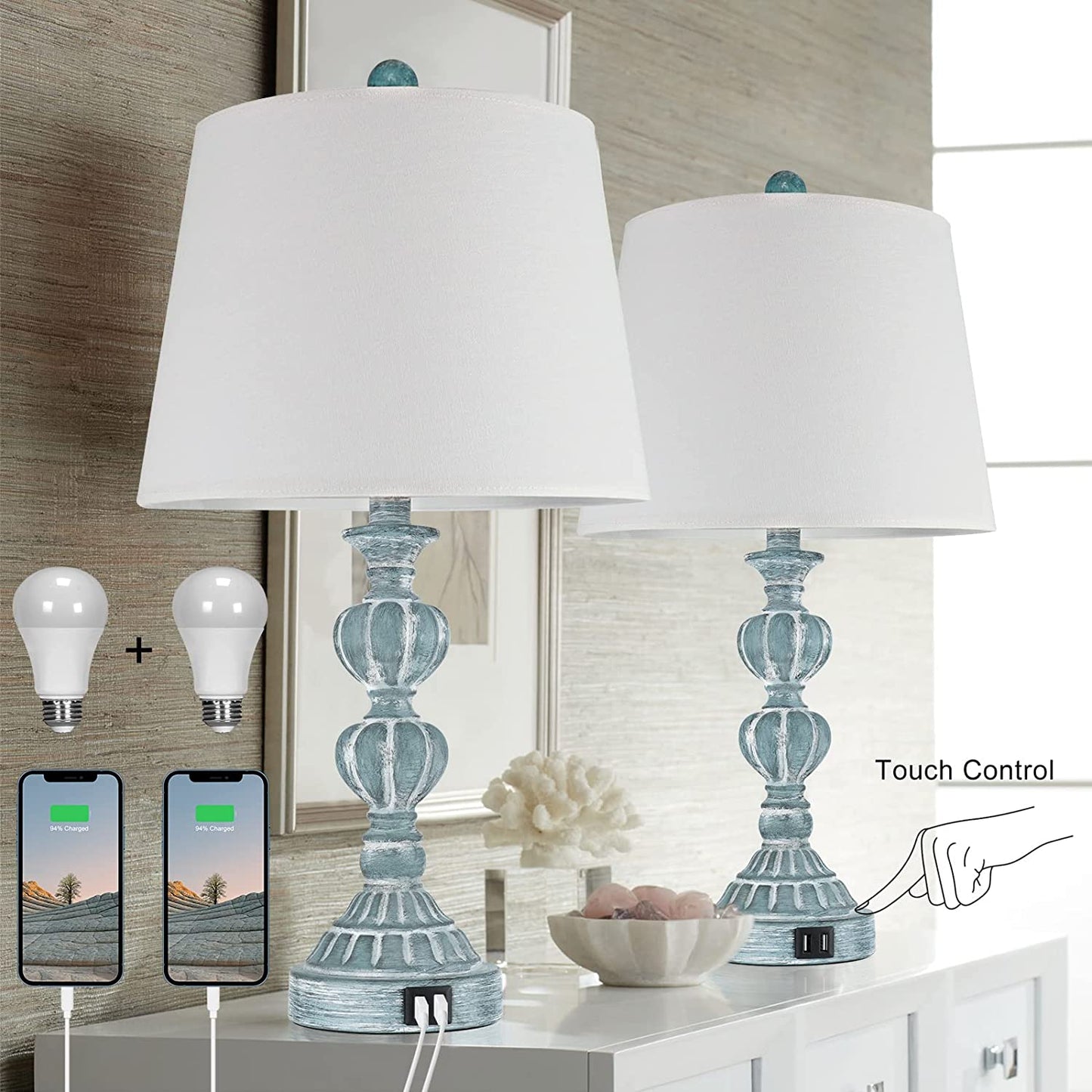 PARTPHONER Washed White Coastal Farmhouse Table Lamps Set of 2