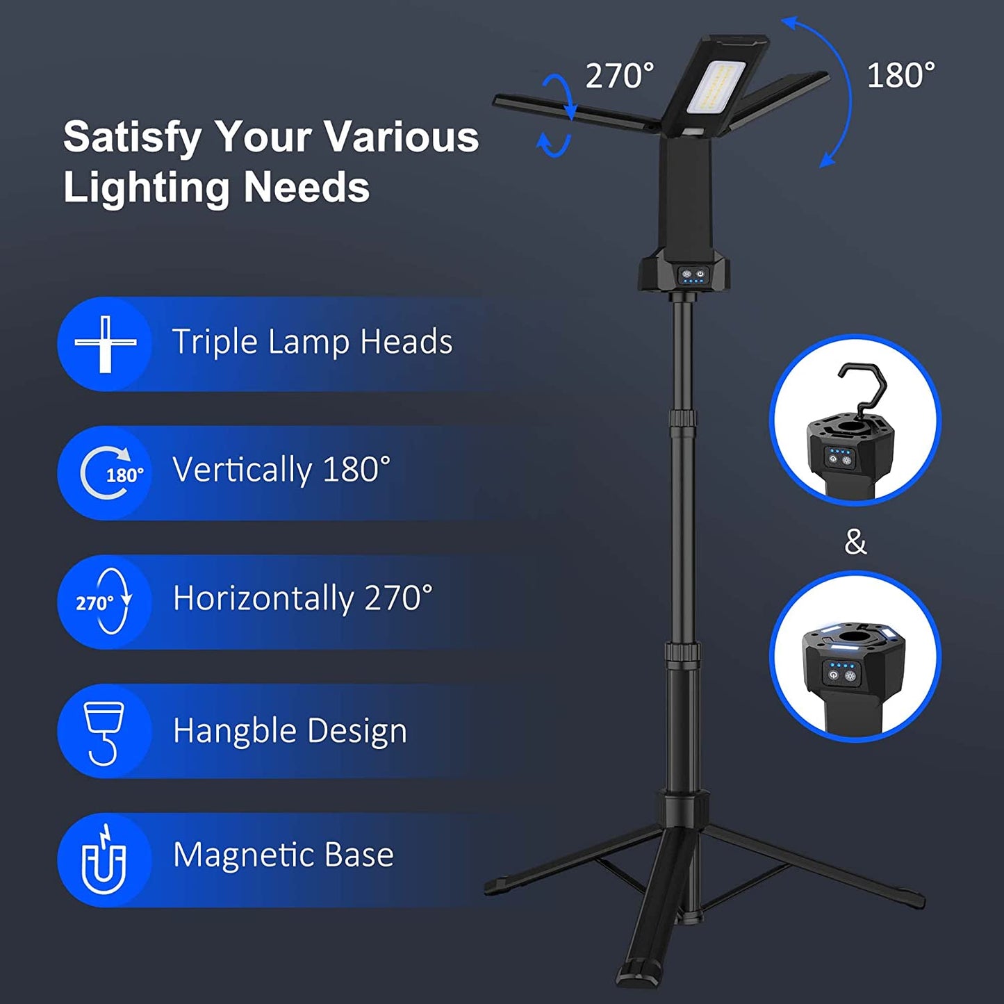 Rechargeable 67" Tall 3-Head Portable Cordless Work Light with Stand