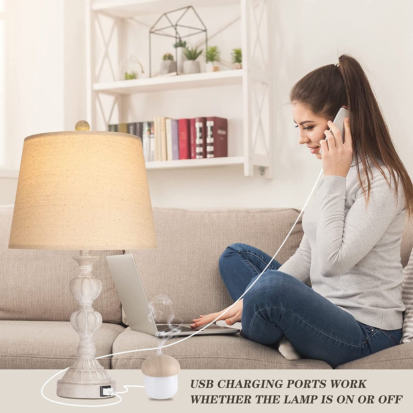 PARTPHONER Washed White Coastal Farmhouse Table Lamps Set of 2