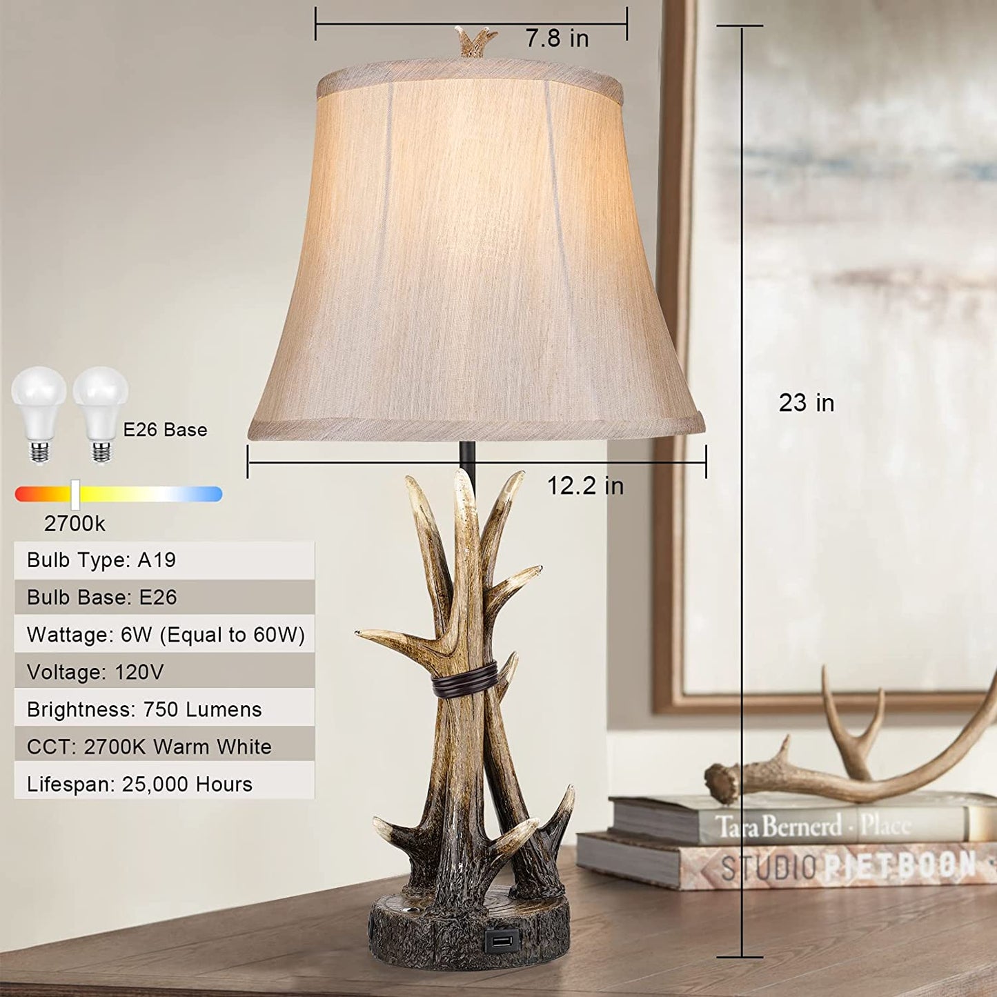 Hamucd Rustic Farmhouse Antler Western Table Lamps Set of 2