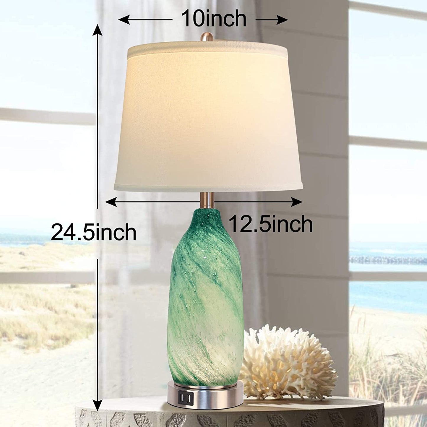 PARTPHONER 24.5'' Coastal Green Glass Table Lamp with 2 USB Ports