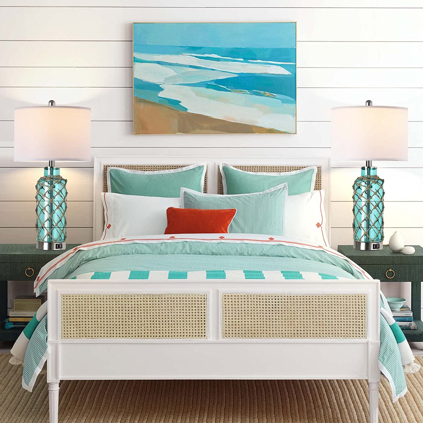 PARTPHONER Coastal Blue-Green Glass Rope Net Bedside Lamps