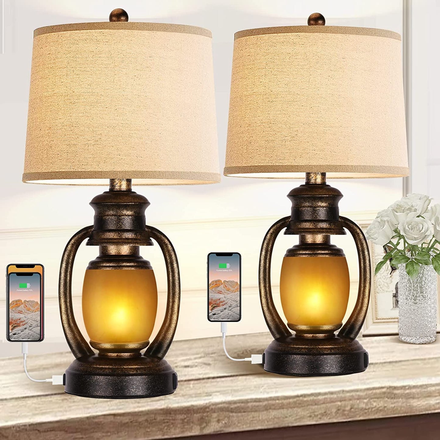 Hamucd Oatmeal Rustic Farmhouse Table Lamps Set of 2