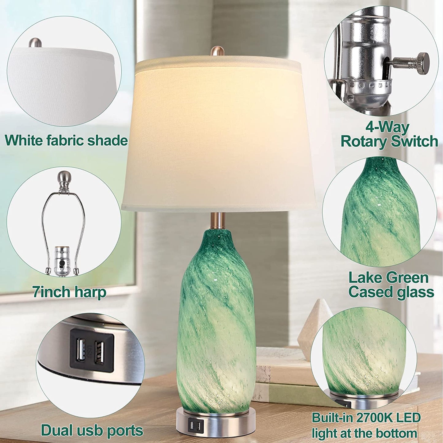 PARTPHONER 24.5'' Coastal Green Glass Table Lamp with 2 USB Ports