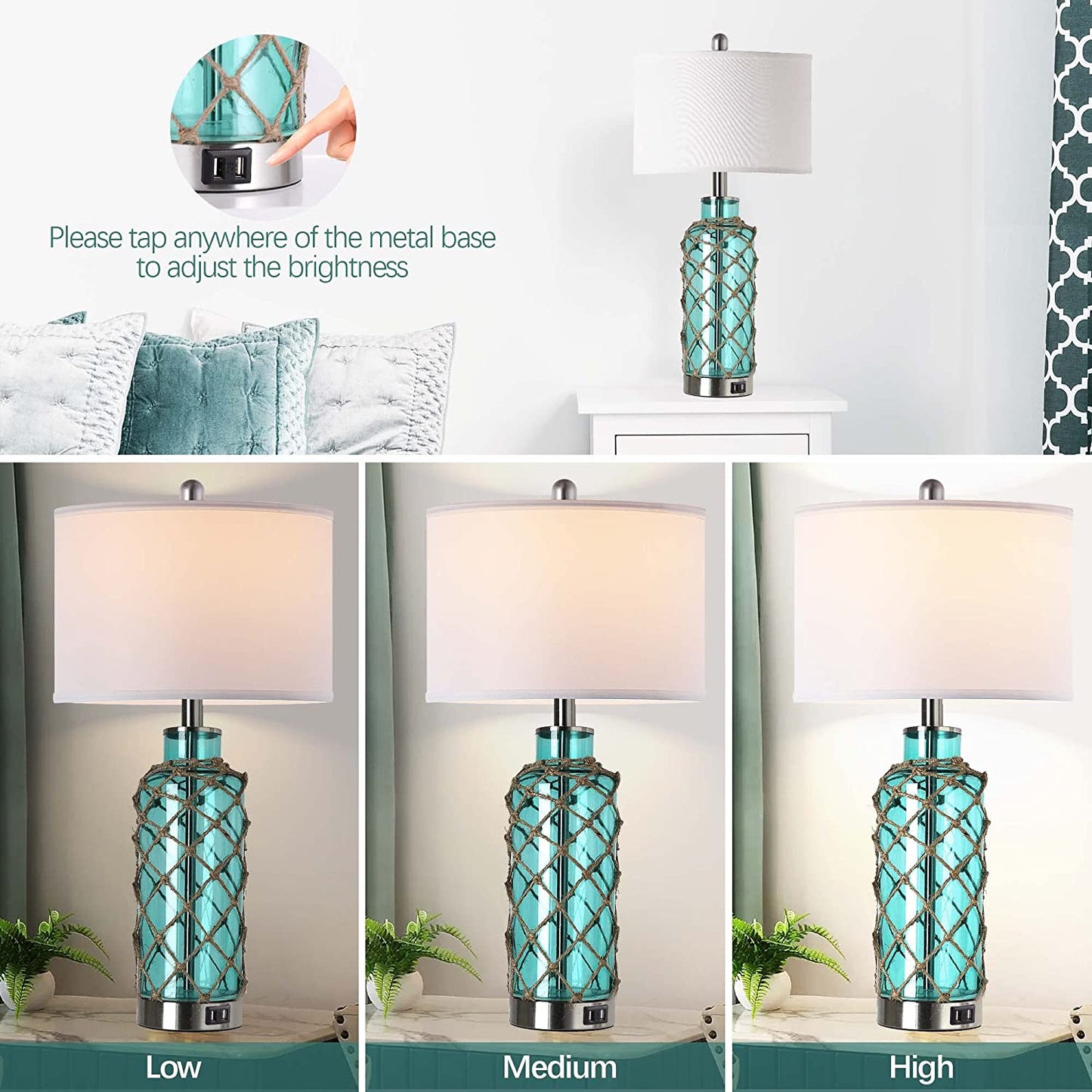 PARTPHONER Coastal Blue-Green Glass Rope Net Bedside Lamps