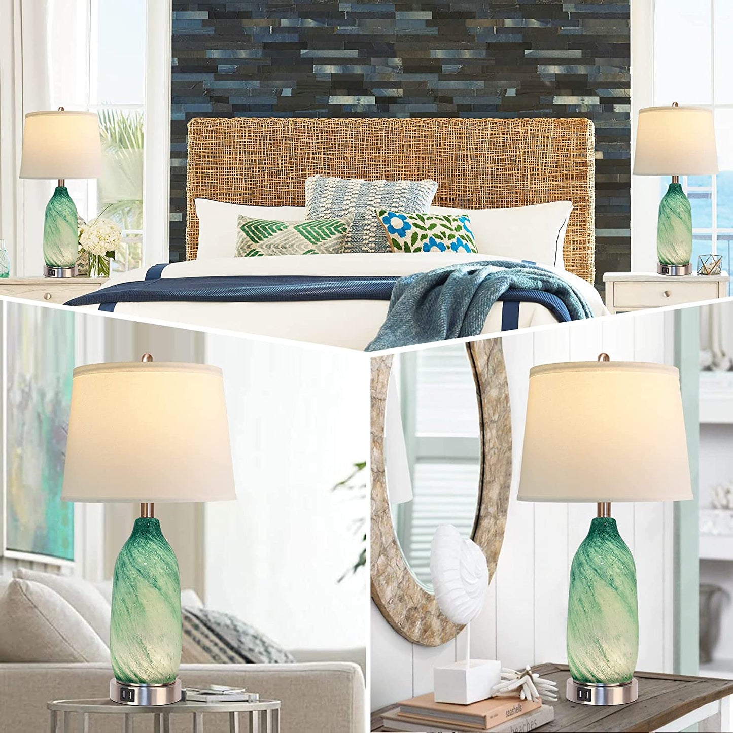 PARTPHONER 24.5'' Coastal Green Glass Table Lamp with 2 USB Ports