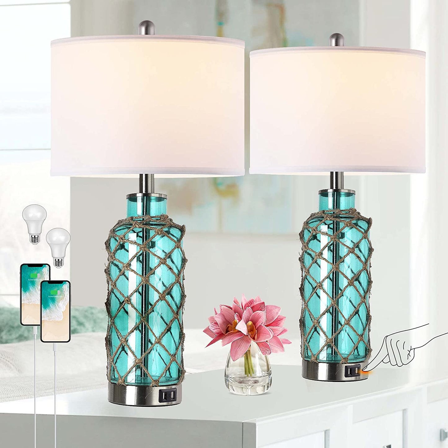 PARTPHONER Coastal Blue-Green Glass Rope Net Bedside Lamps