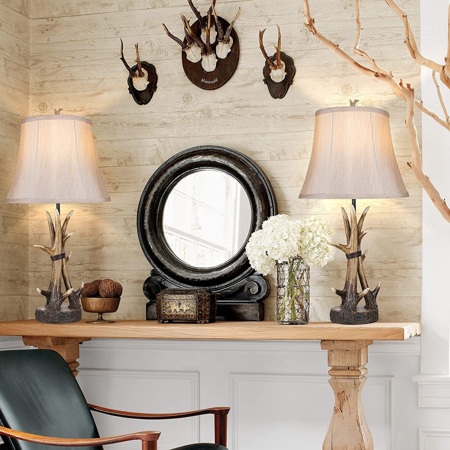 Hamucd Rustic Farmhouse Antler Western Table Lamps Set of 2