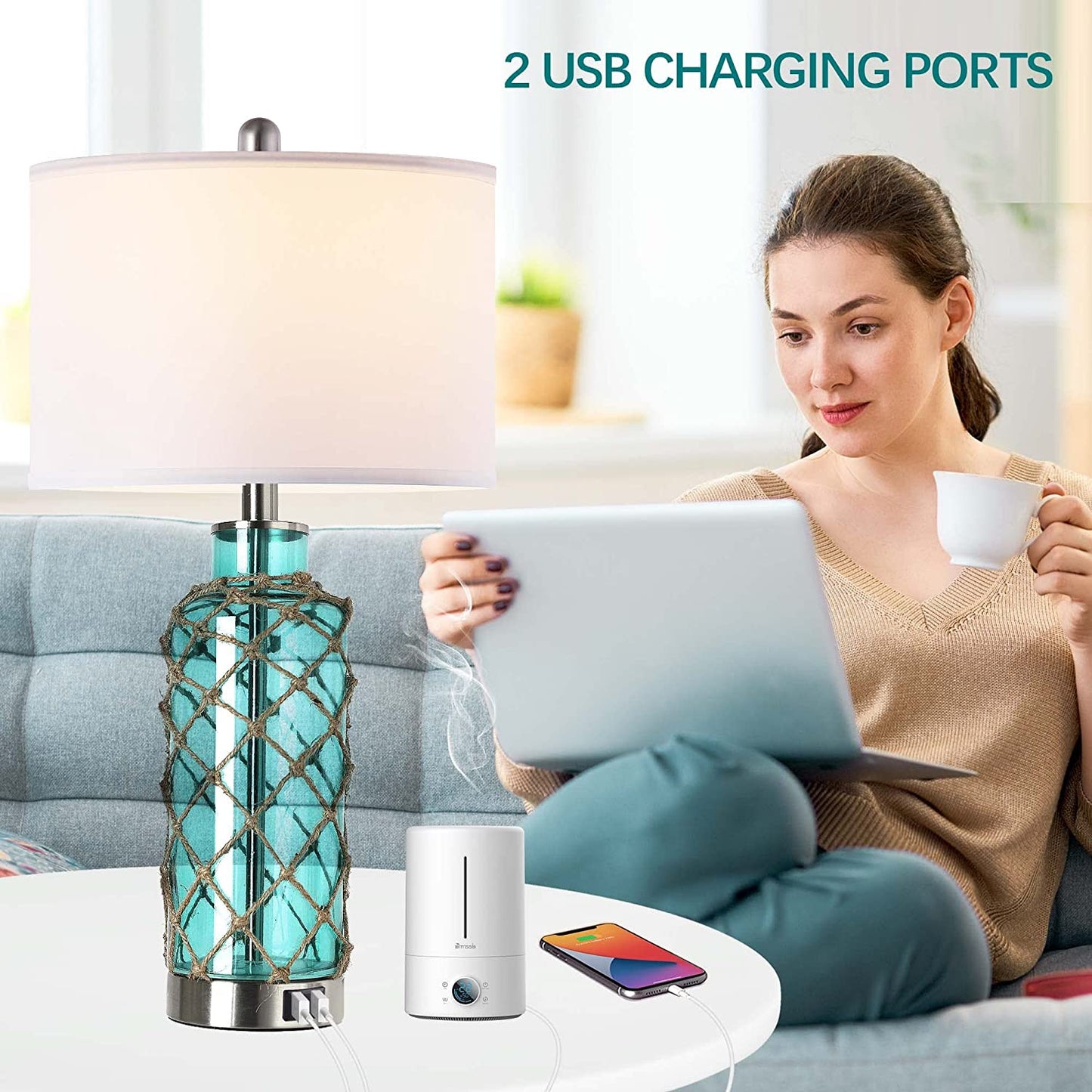 PARTPHONER Coastal Blue-Green Glass Rope Net Bedside Lamps