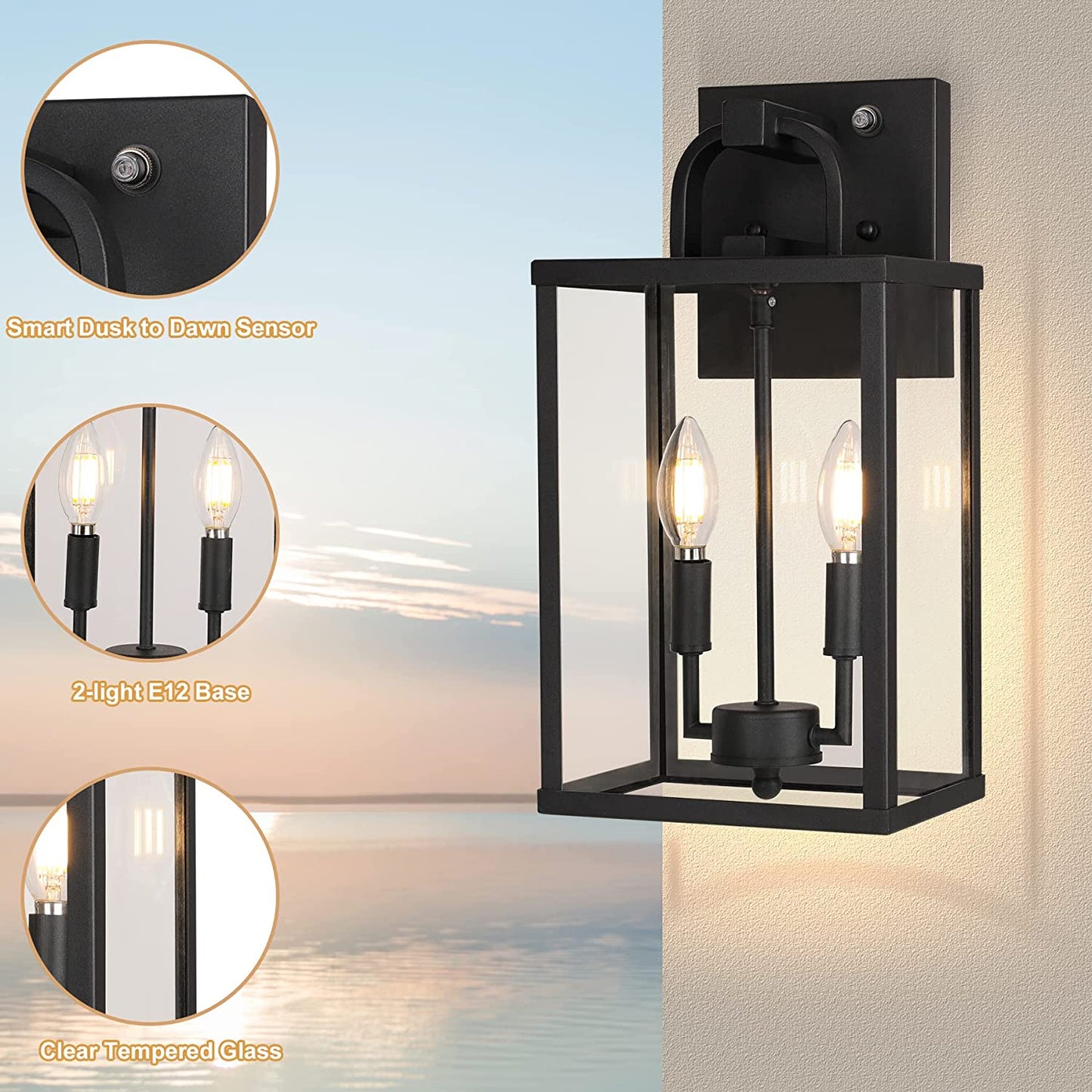 PARTPHONER Large Clear Glass Outdoor Light Fixutre 2-Light, Dusk to Dawn