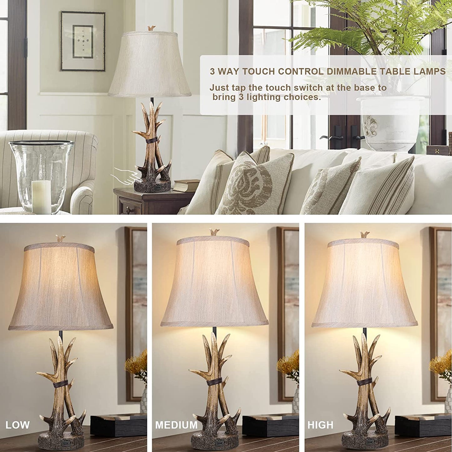 Hamucd Rustic Farmhouse Antler Western Table Lamps Set of 2