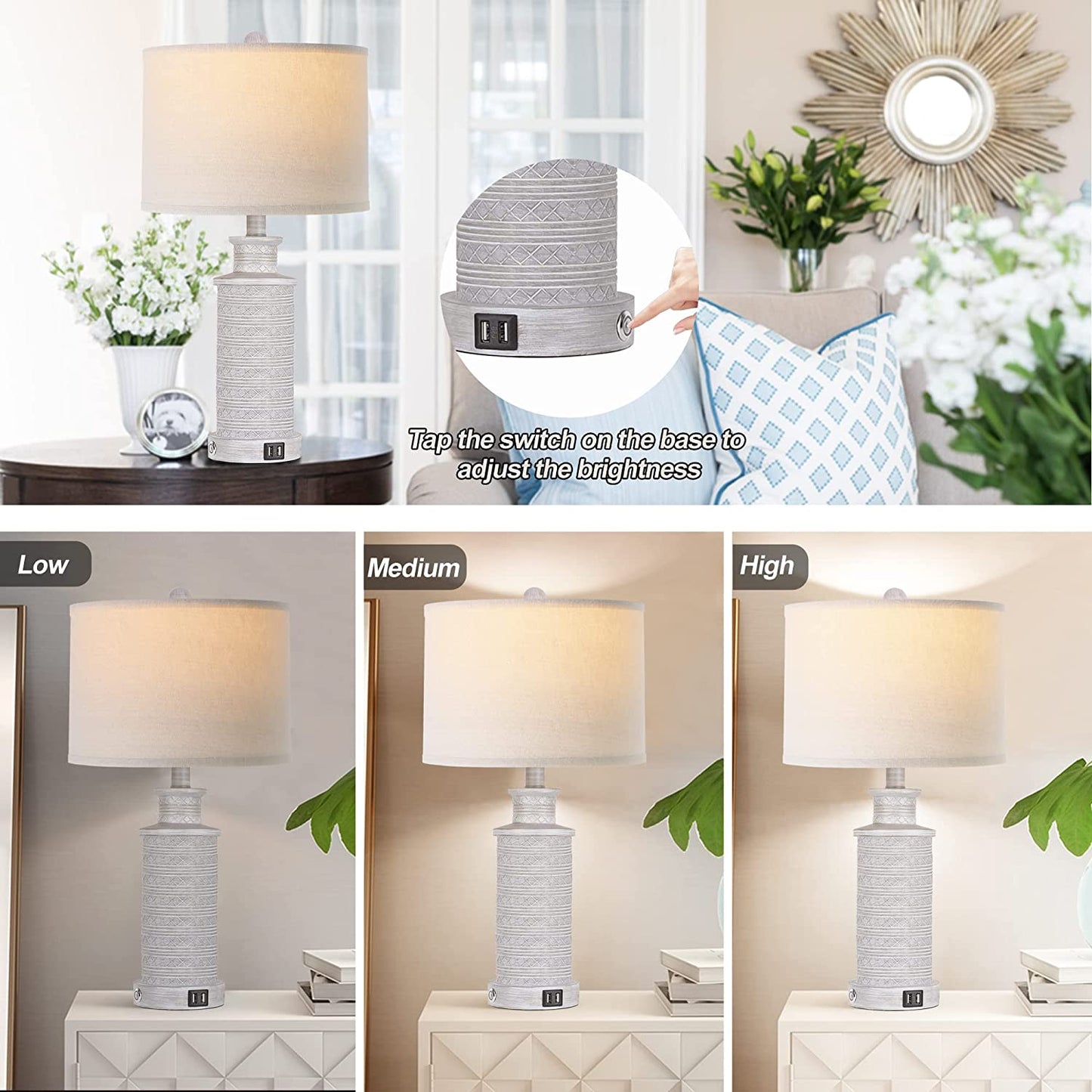 PARTPHONER Gray Rustic Farmhouse Table Lamps Set of 2