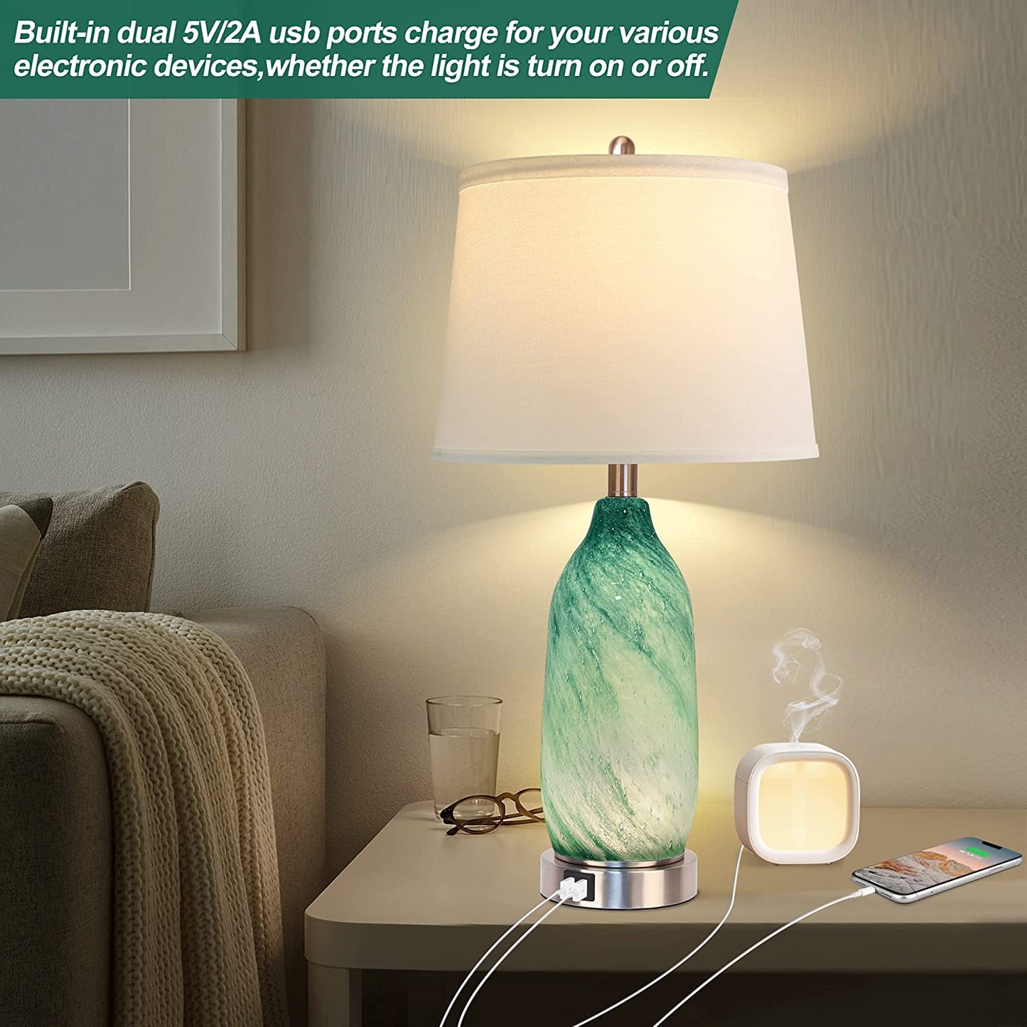 PARTPHONER 24.5'' Coastal Green Glass Table Lamp with 2 USB Ports