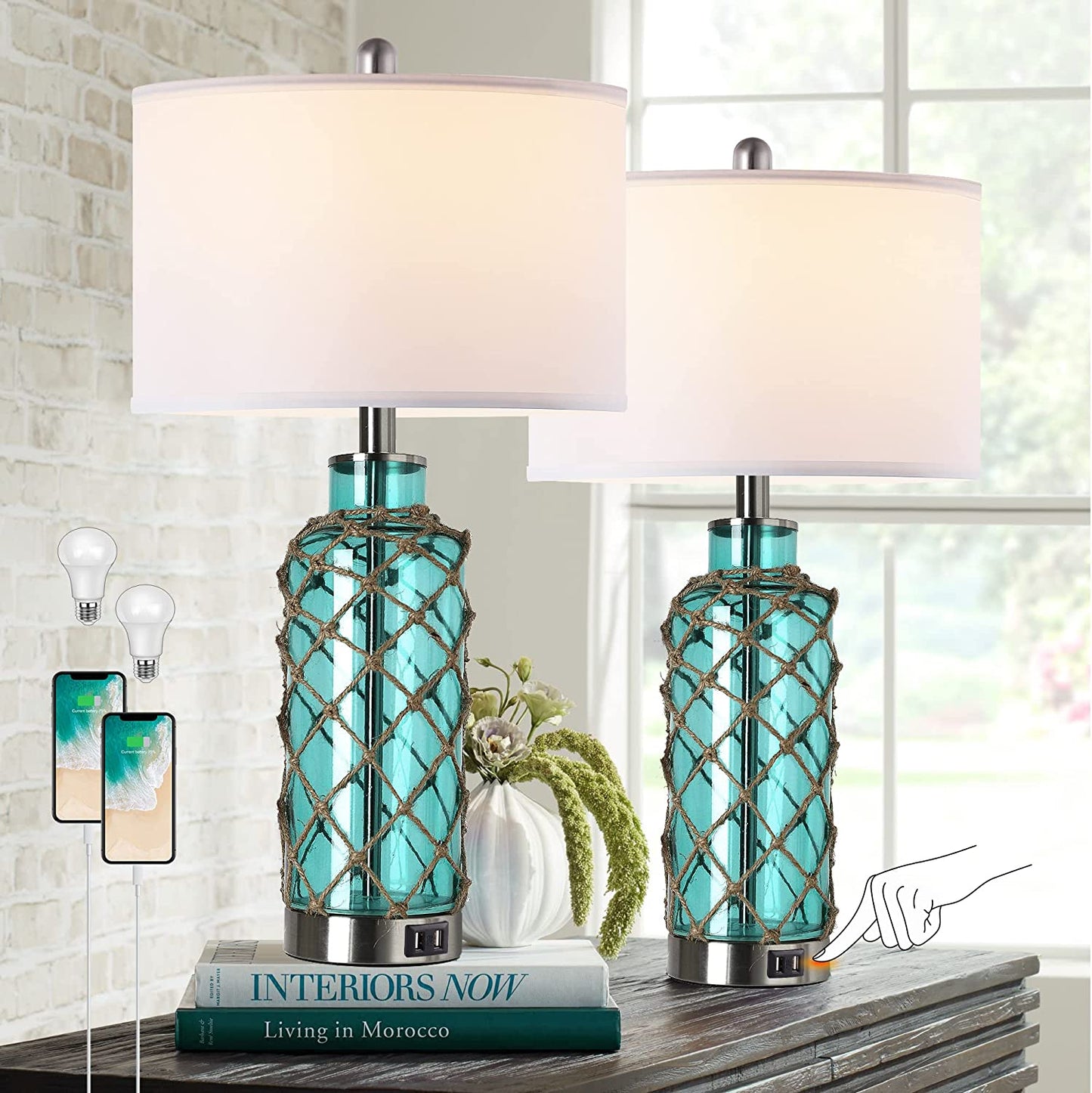 PARTPHONER Coastal Blue-Green Glass Rope Net Bedside Lamps