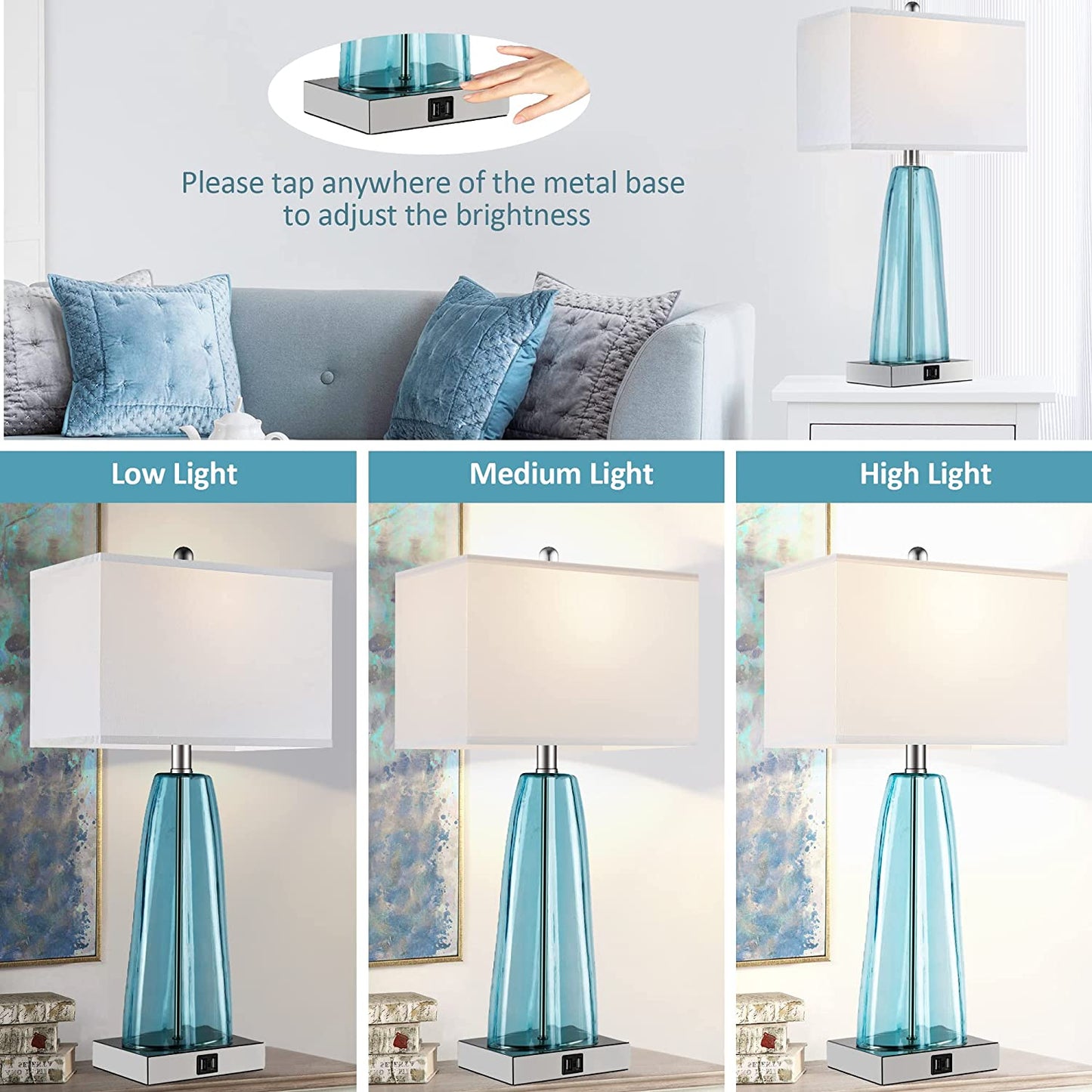 PARTPHONER Contemporary Blue Green Glass Table Lamps Set of 2